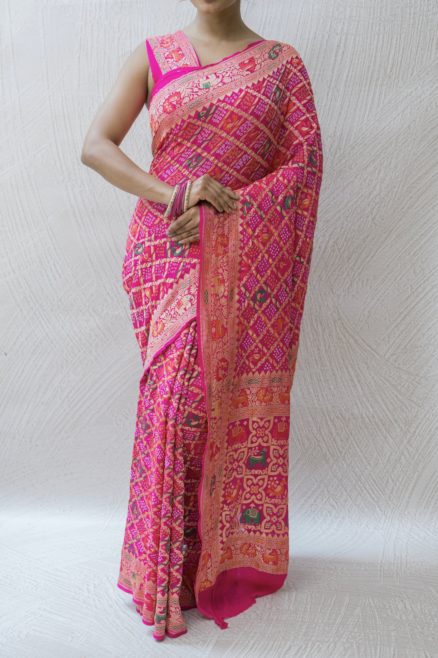 Georgette Shikargah Jaal Meenakari Rani Bandhej Saree