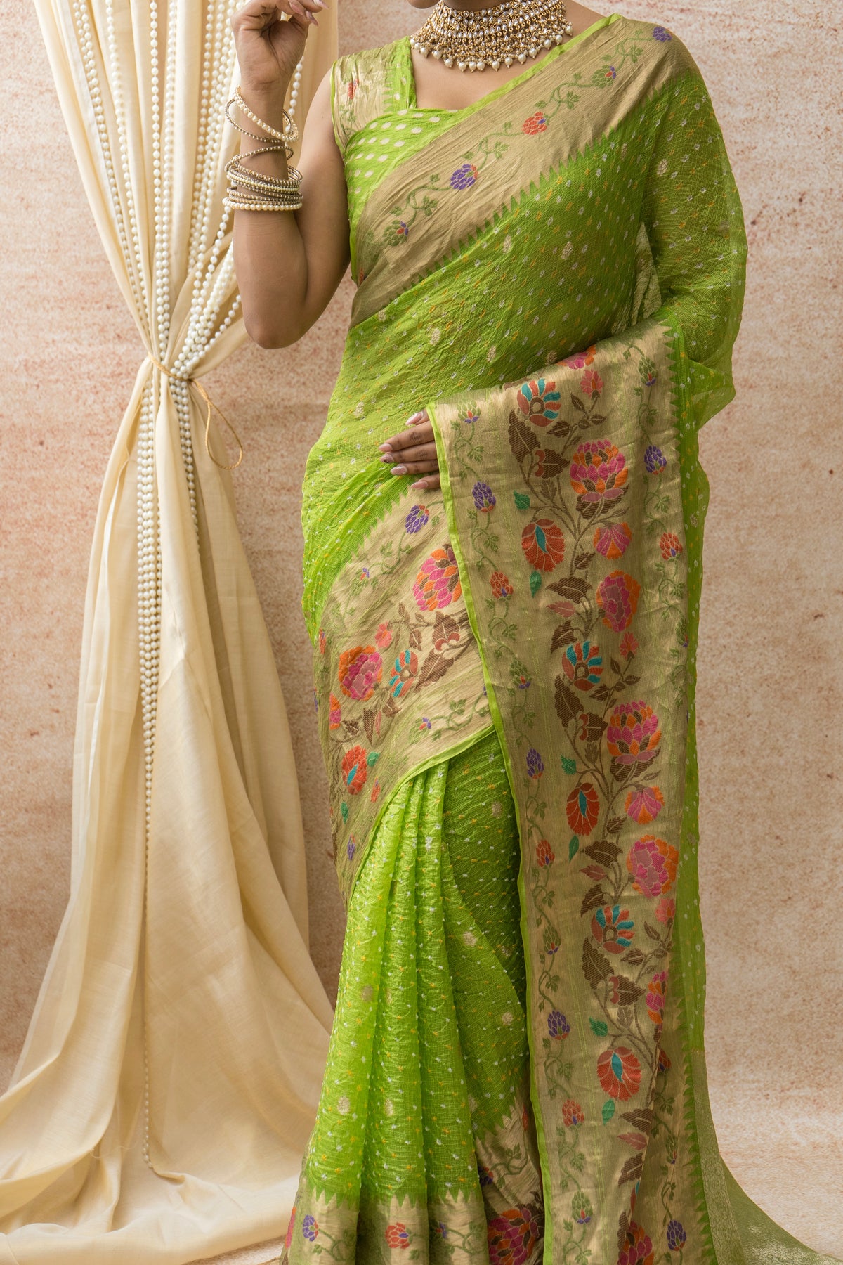 Kota Doria Paithani Meenakari Green Bandhej Saree