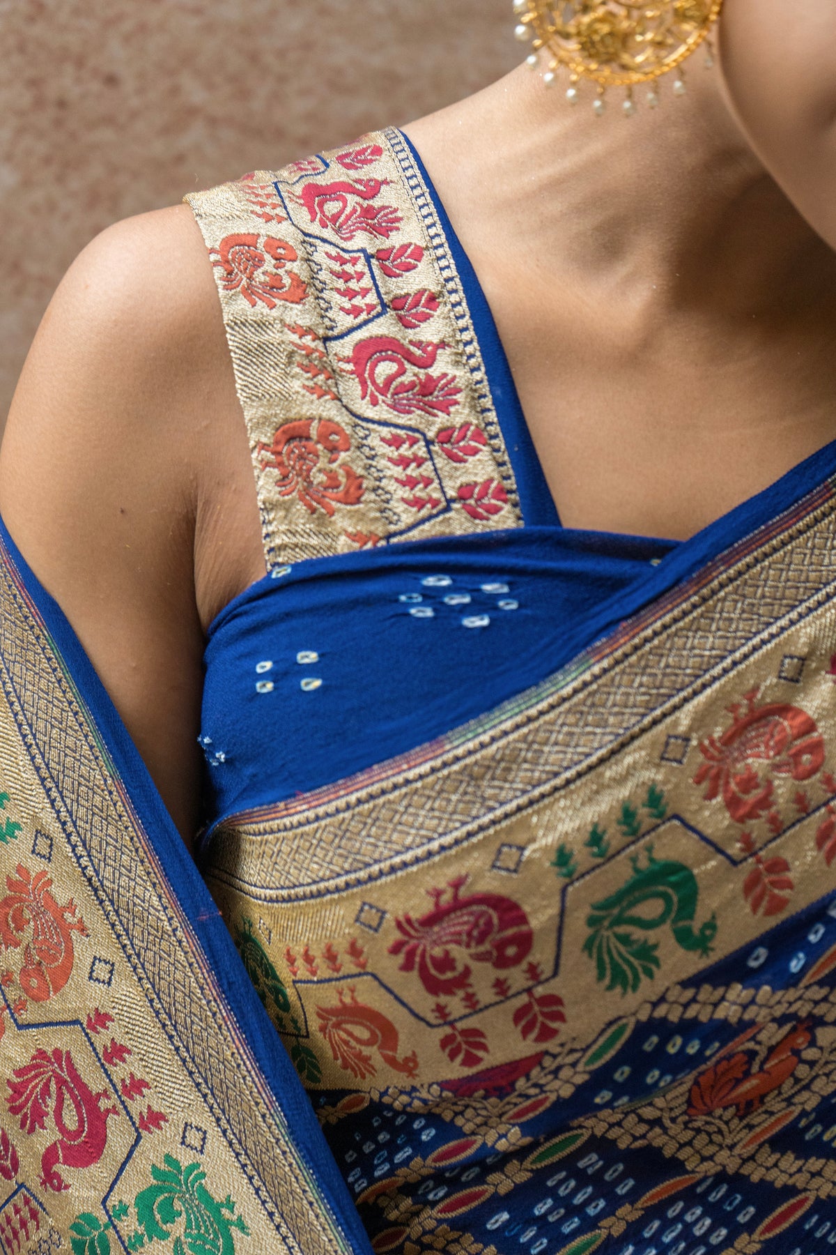 Georgette Figure Weaving Meenakari Royal Blue Bandhej Saree
