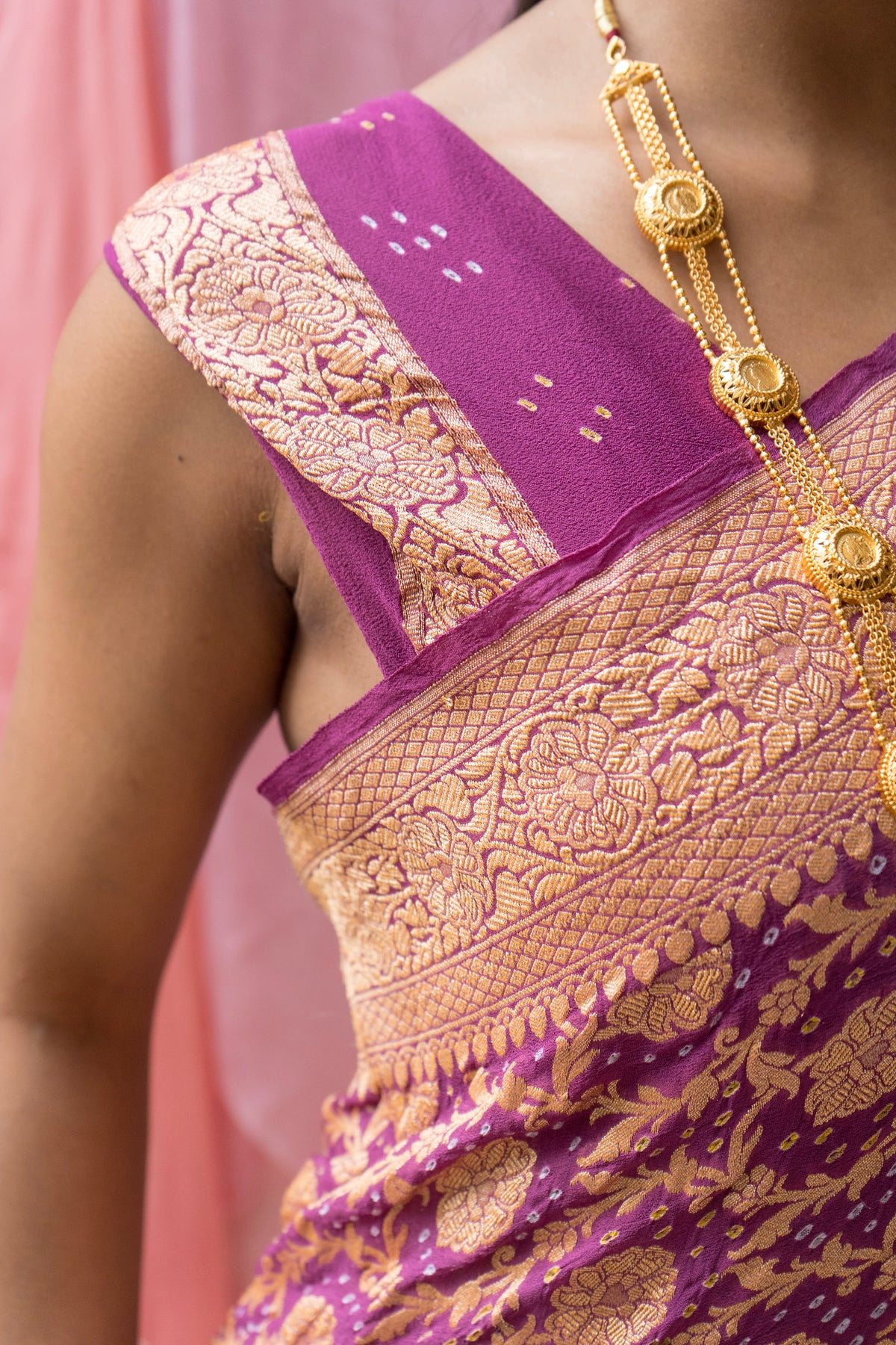 Georgette Neemzari Jaal Purple Bandhej Saree