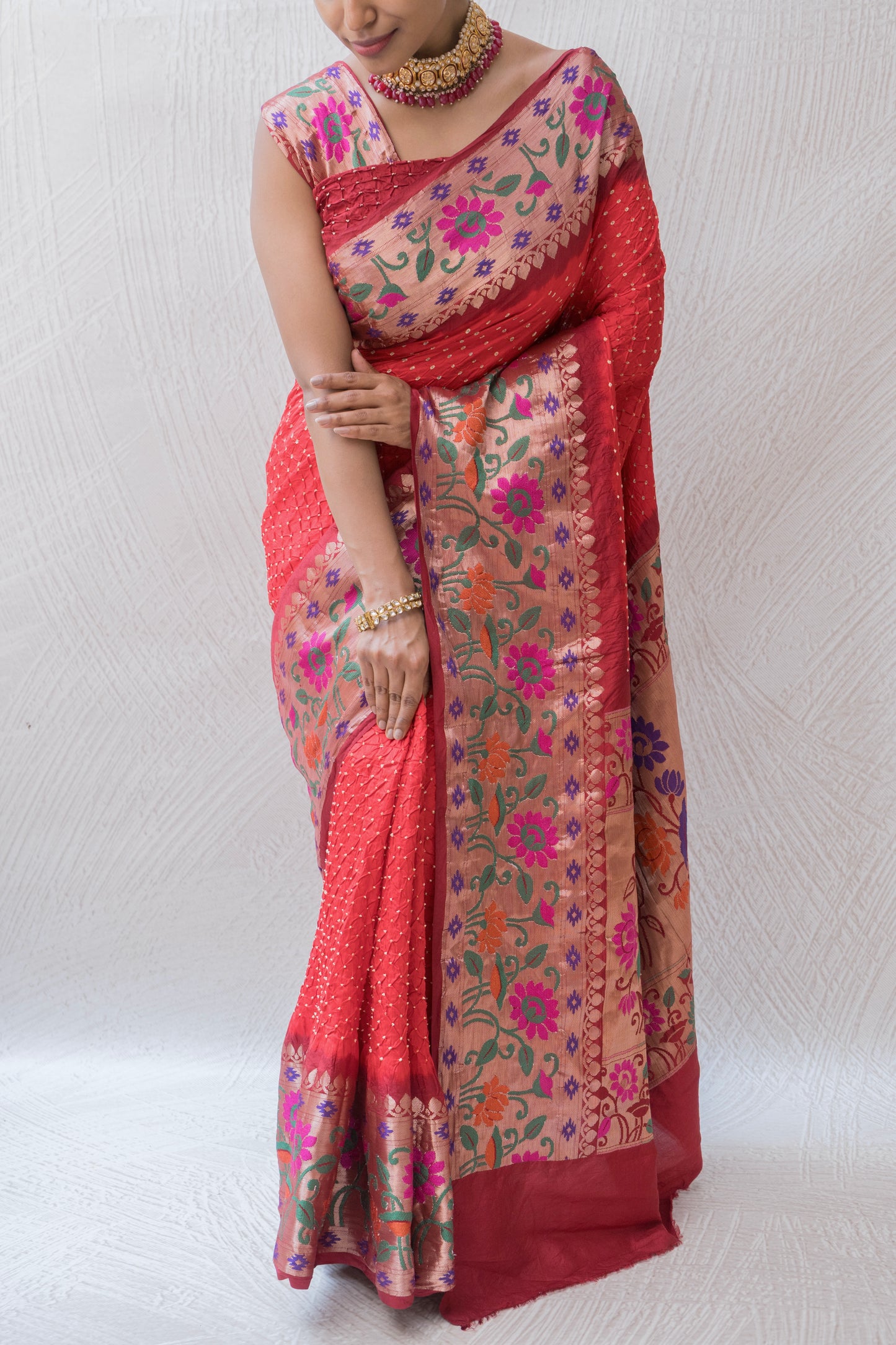 Chiniya Silk Skirt Paithani Border Red Bandhej Saree