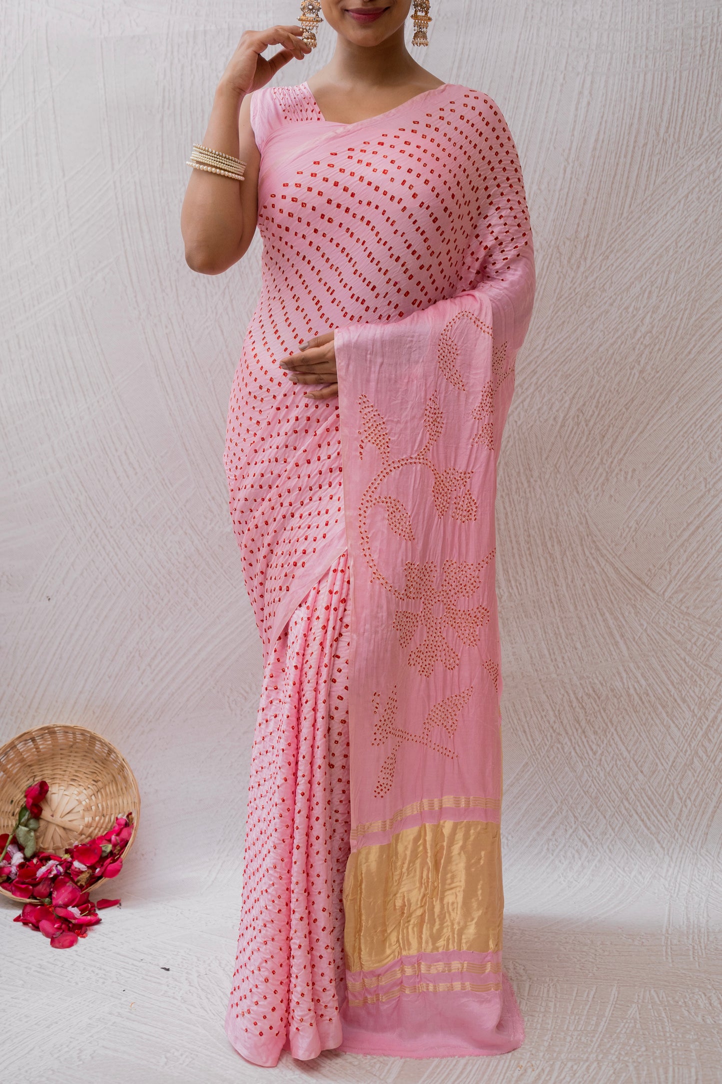 Gajji Pink Rai Dana Baby Pink Bandhej Saree