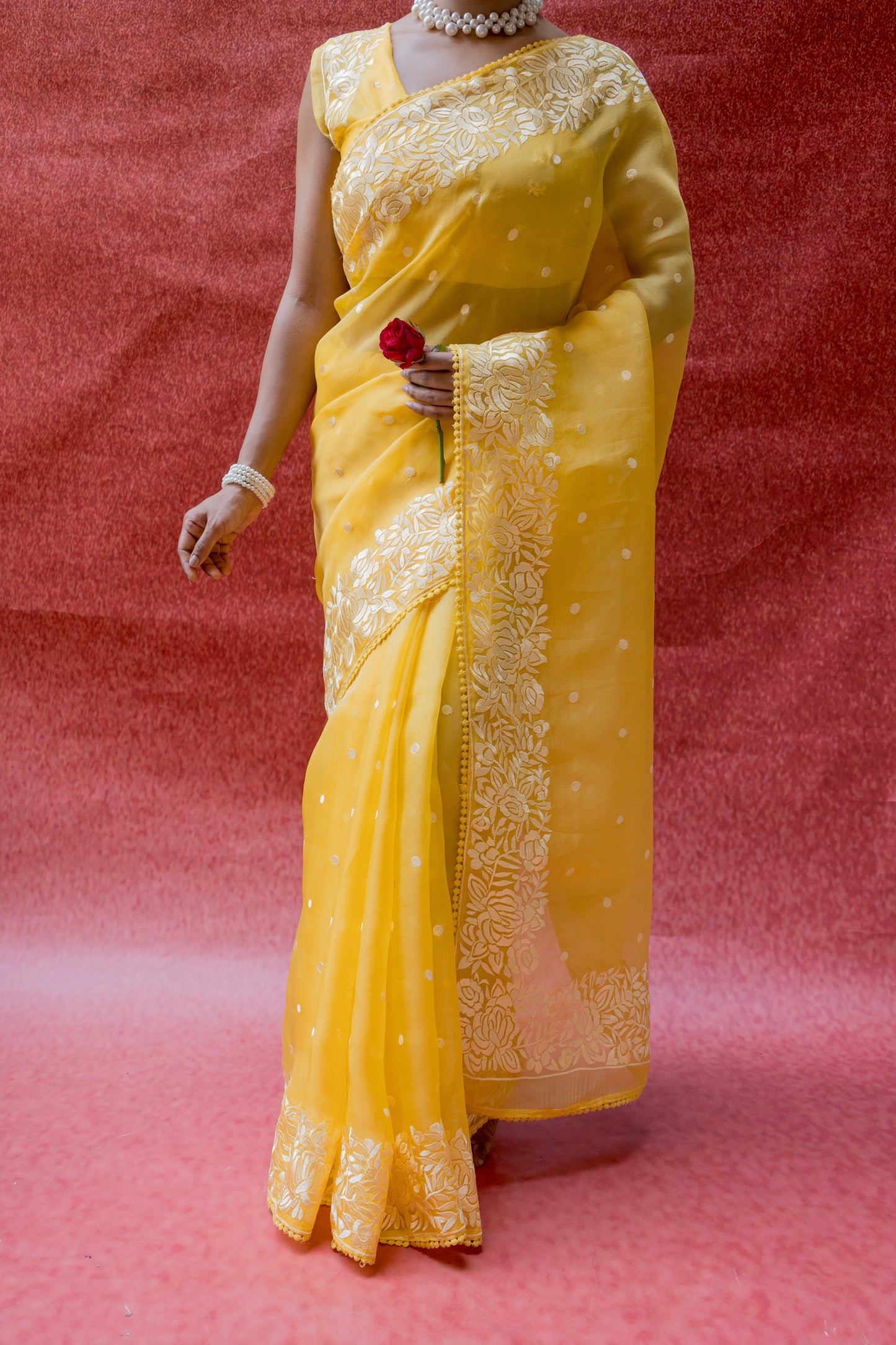 Organza Parsi Yellow Saree