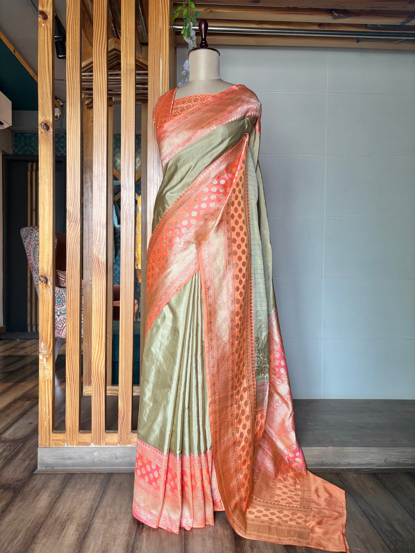 Katan Stripes Fluorescent Silk Saree