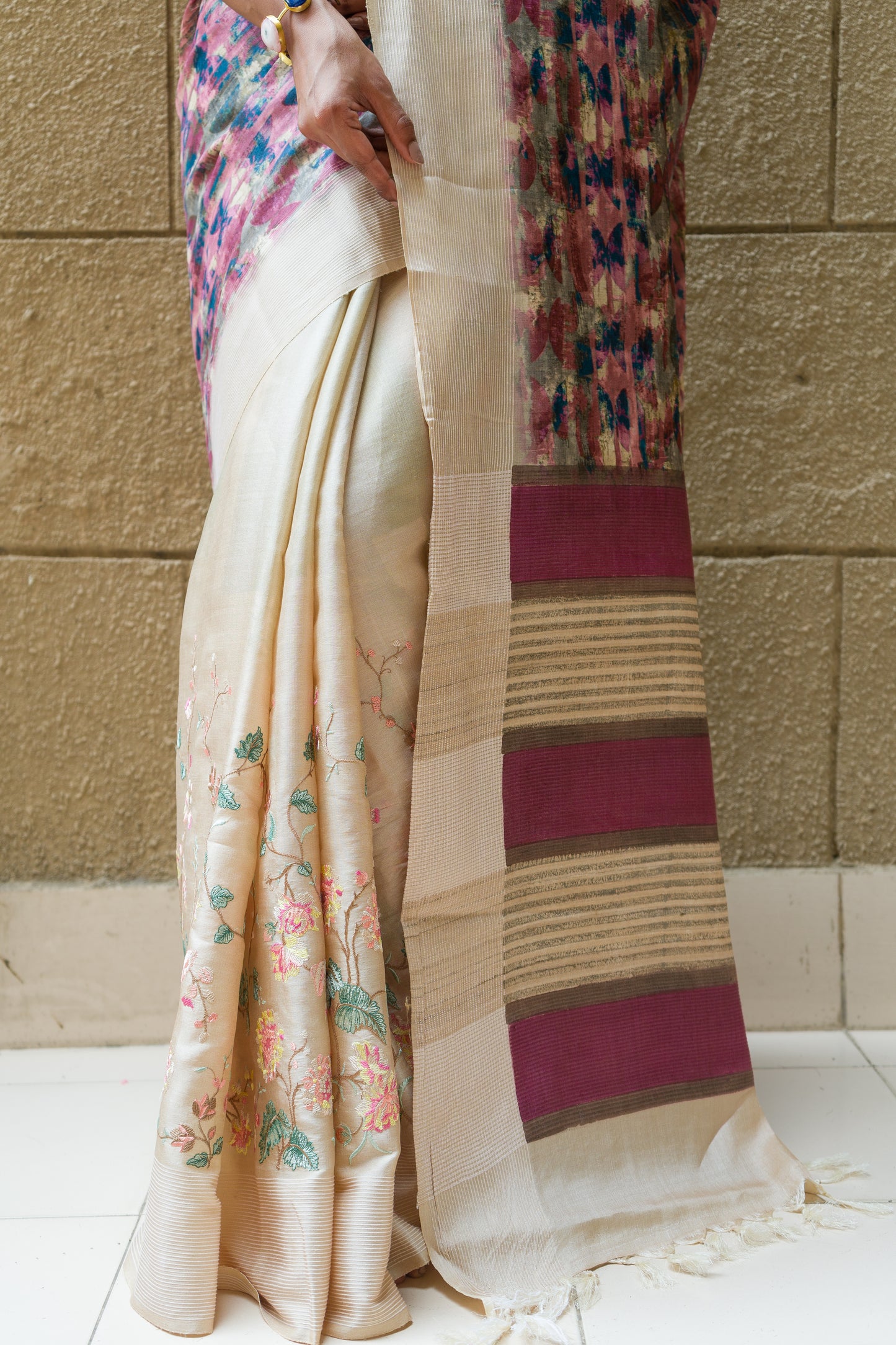Tussar Multicolor Print Embroidered Saree