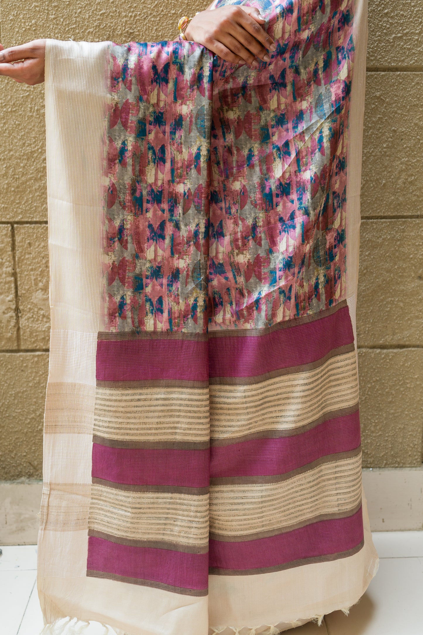 Tussar Multicolor Print Embroidered Saree