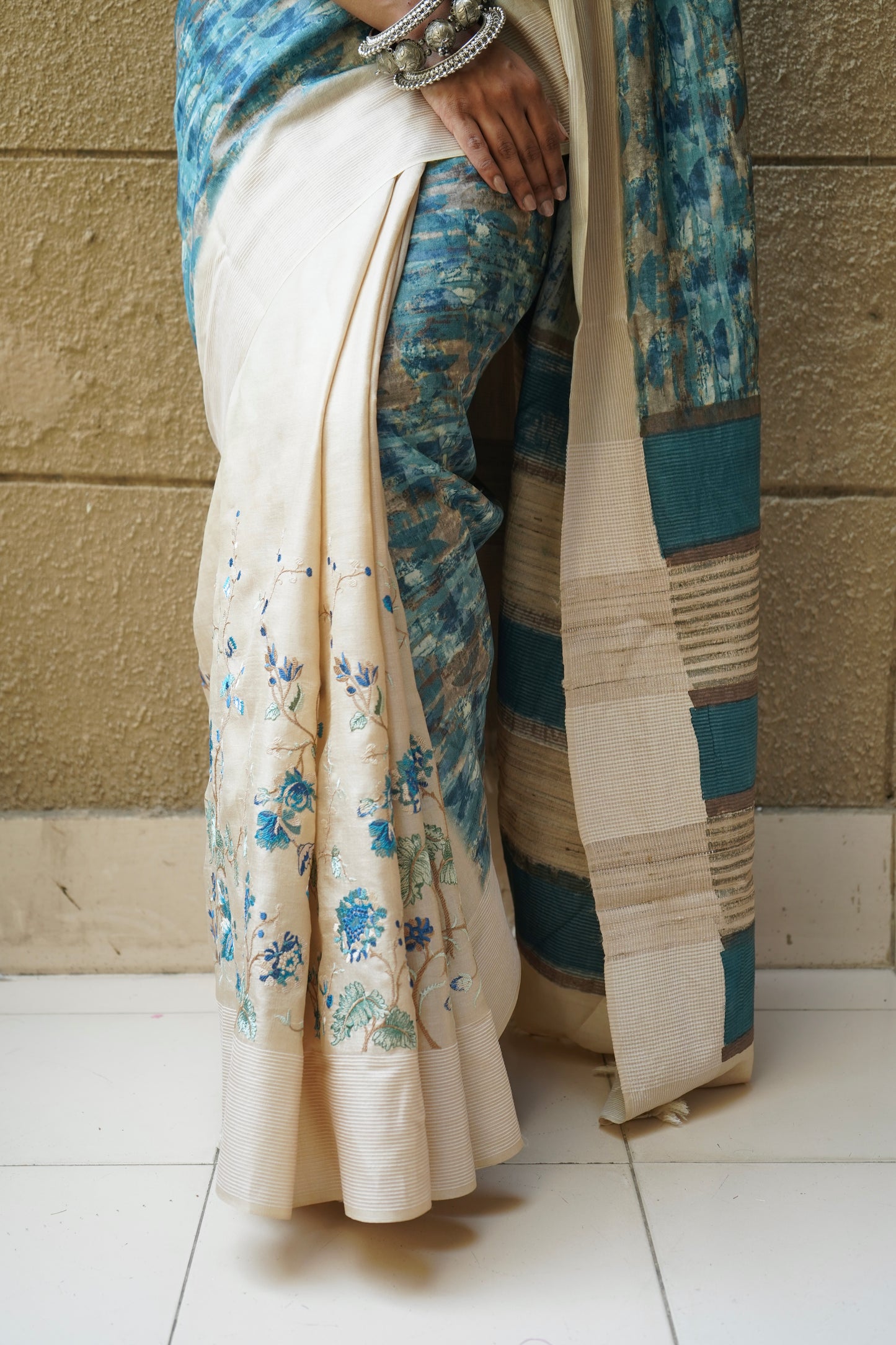 Tussar Blue Multicolor Print Embroidered Saree