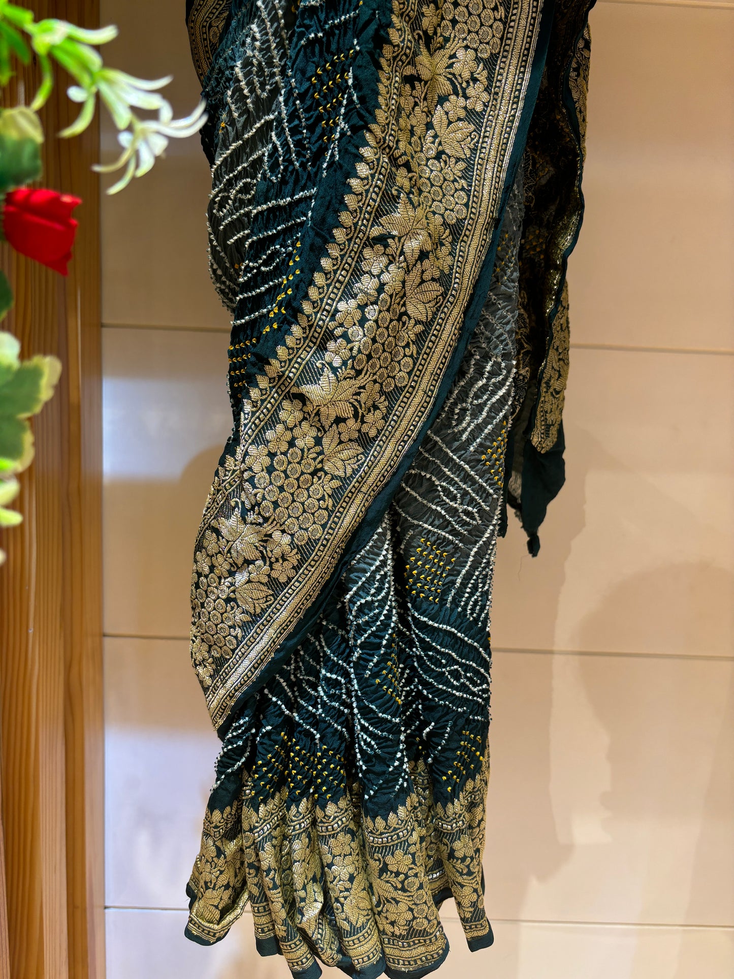 Green Shaded Bandhani with Floral Border Saree