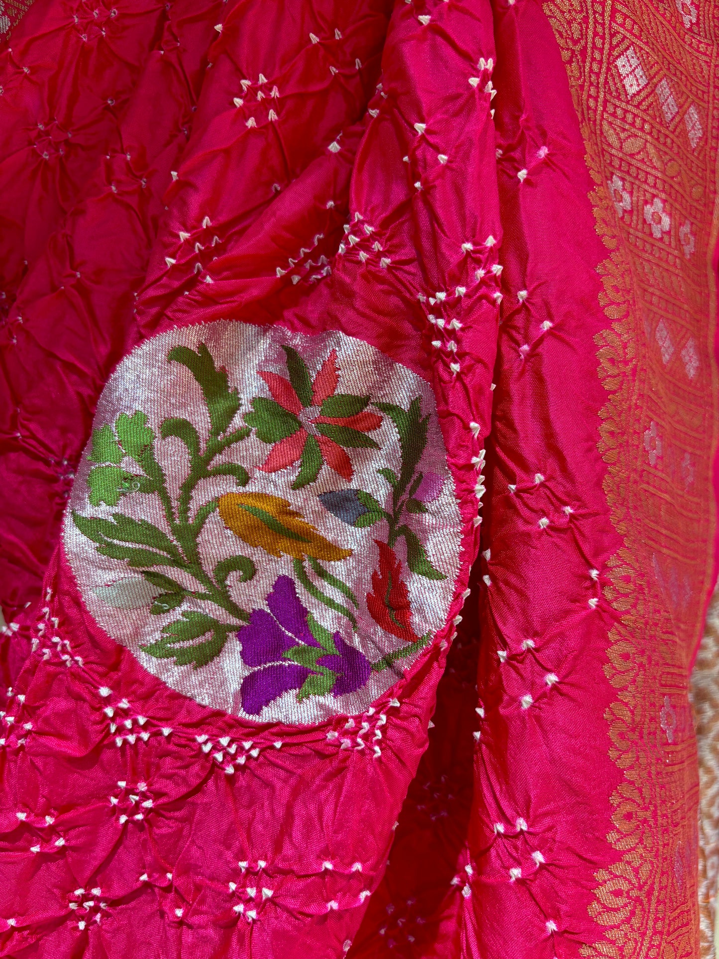 Paithani Patch Rai Dana Bandhej Saree (Hot Pink)