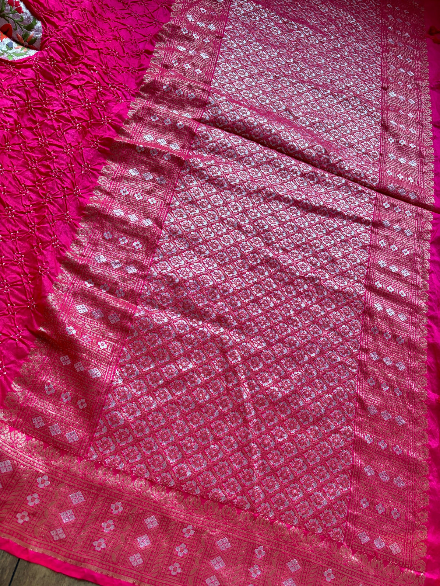 Paithani Patch Rai Dana Bandhej Saree (Hot Pink)