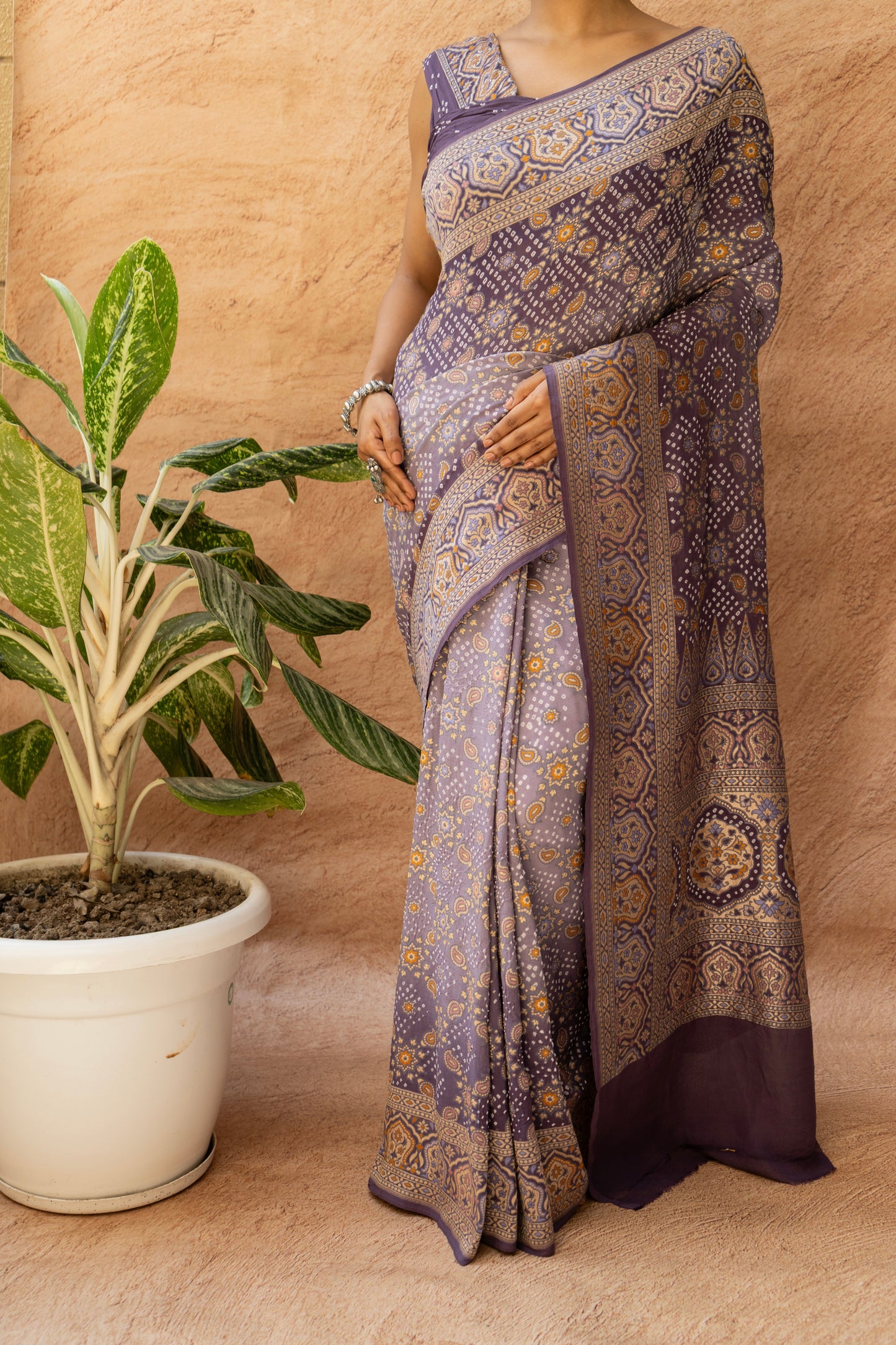 Ajrakh Weaving Purple Ombre Rai Dana Bandhej Saree