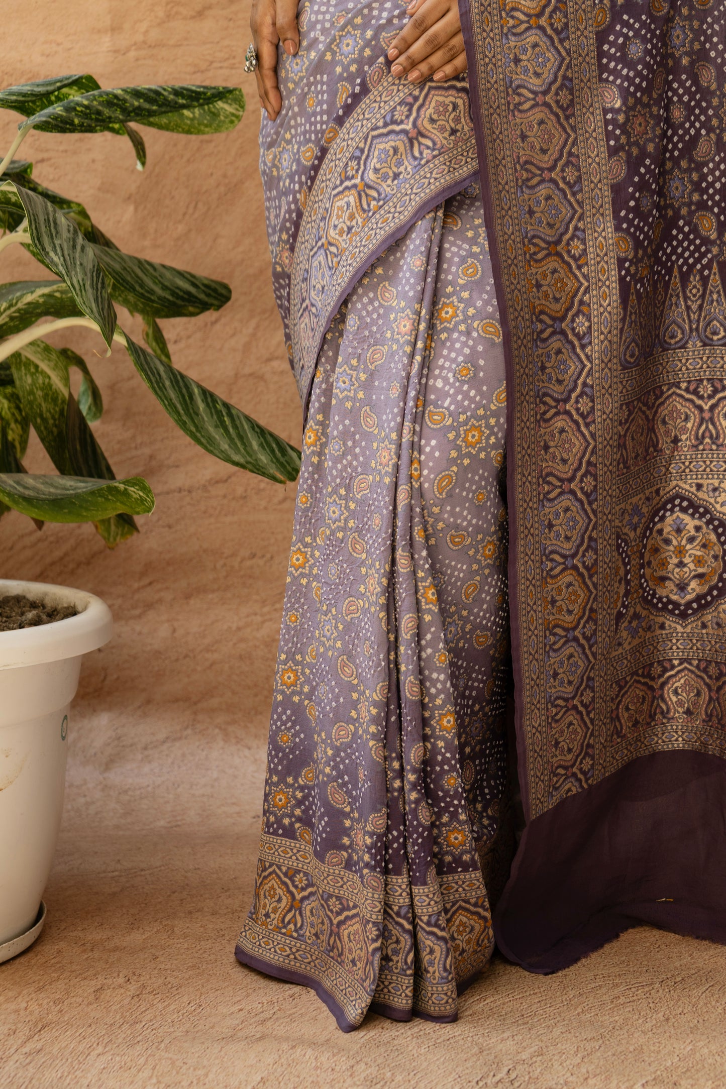Ajrakh Weaving Purple Ombre Rai Dana Bandhej Saree