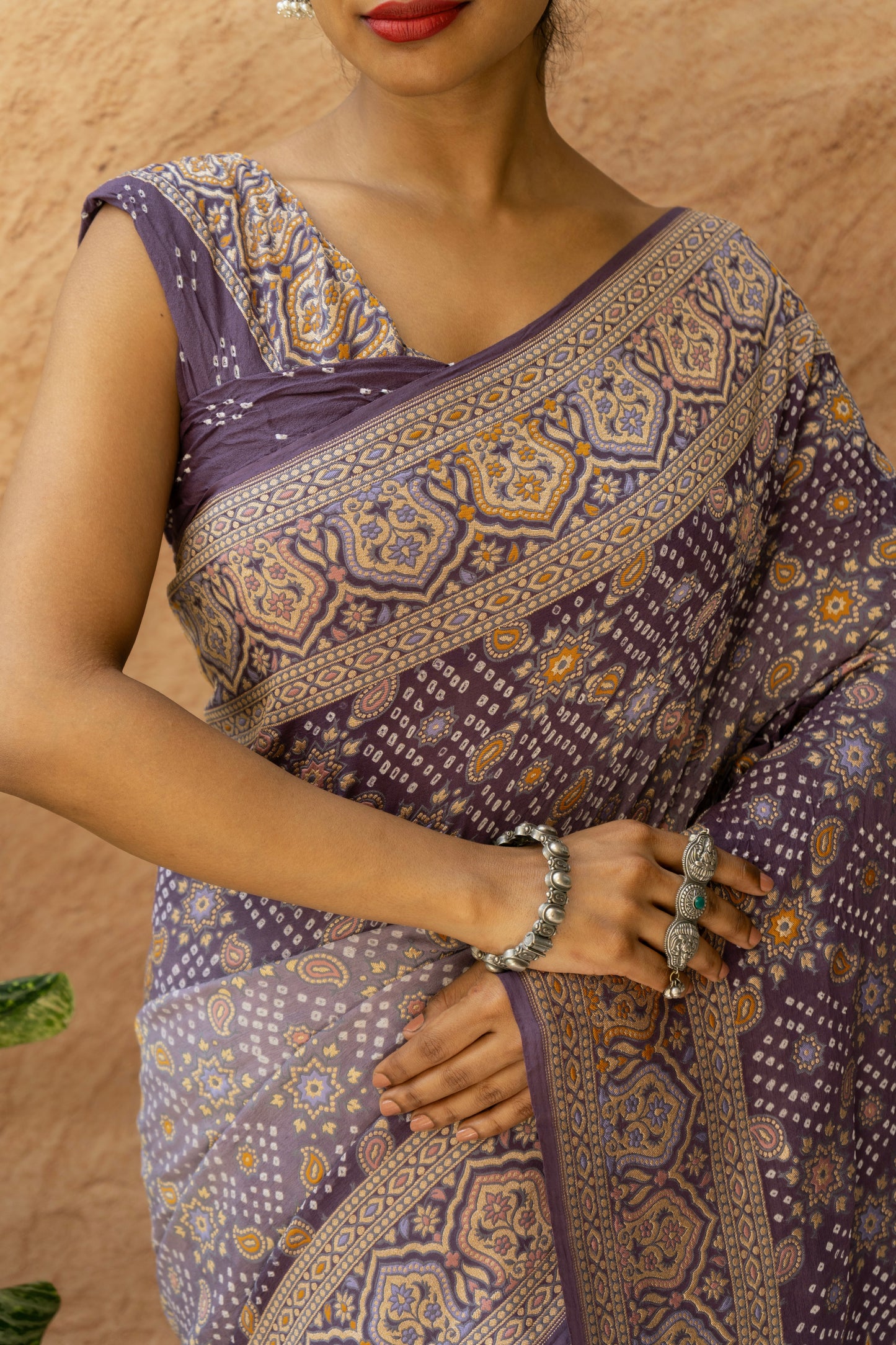 Ajrakh Weaving Purple Ombre Rai Dana Bandhej Saree