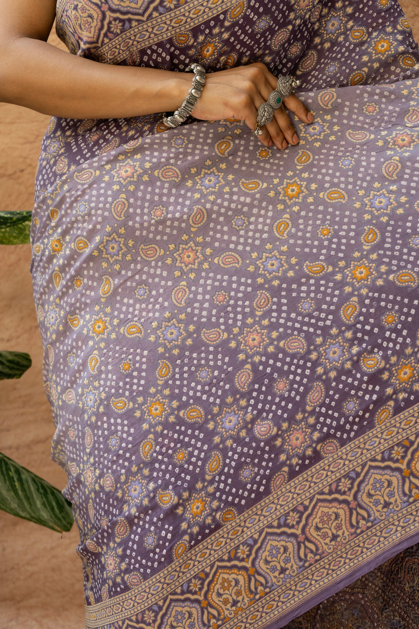 Ajrakh Weaving Purple Ombre Rai Dana Bandhej Saree