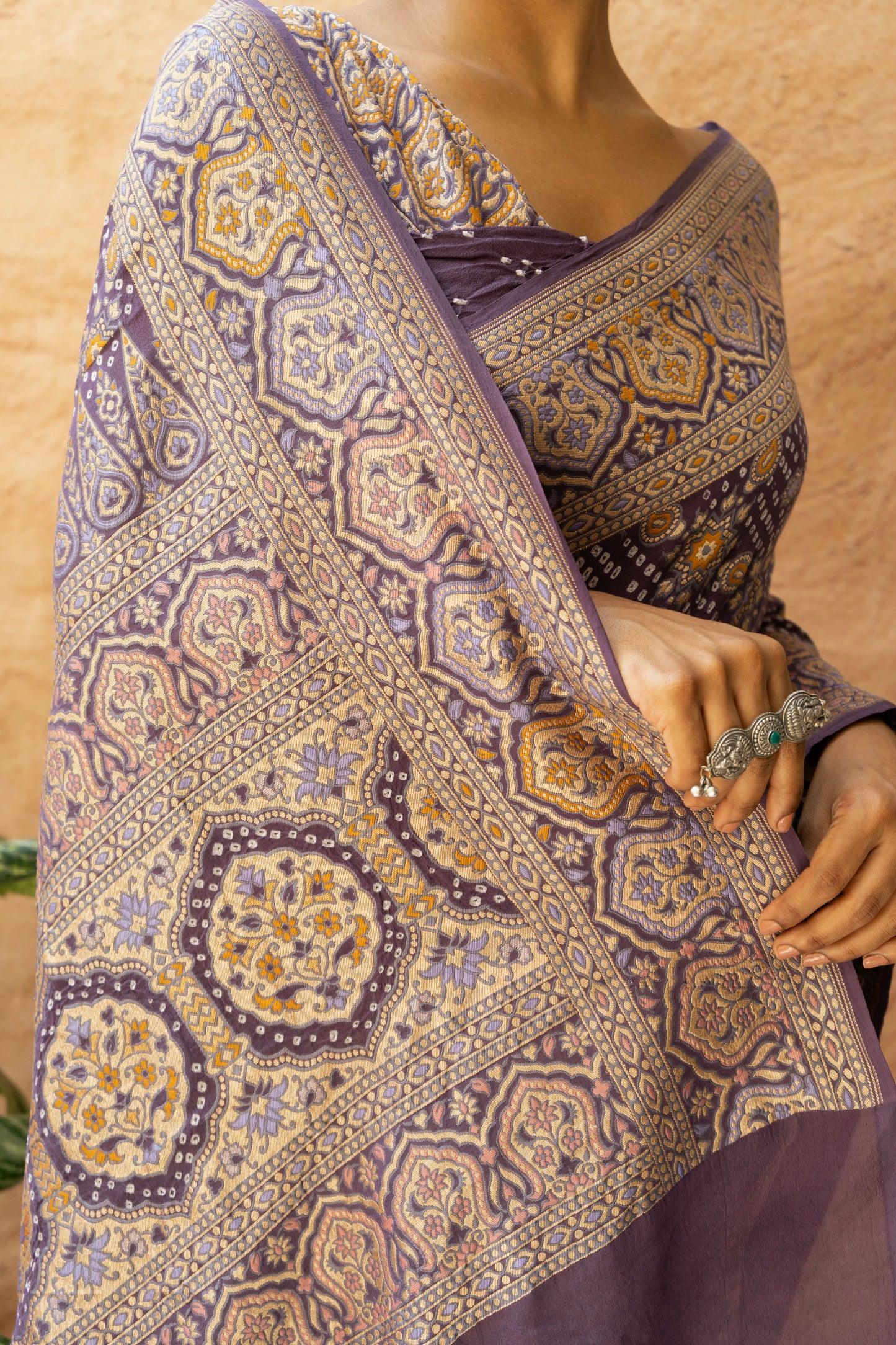 Ajrakh Weaving Purple Ombre Rai Dana Bandhej Saree
