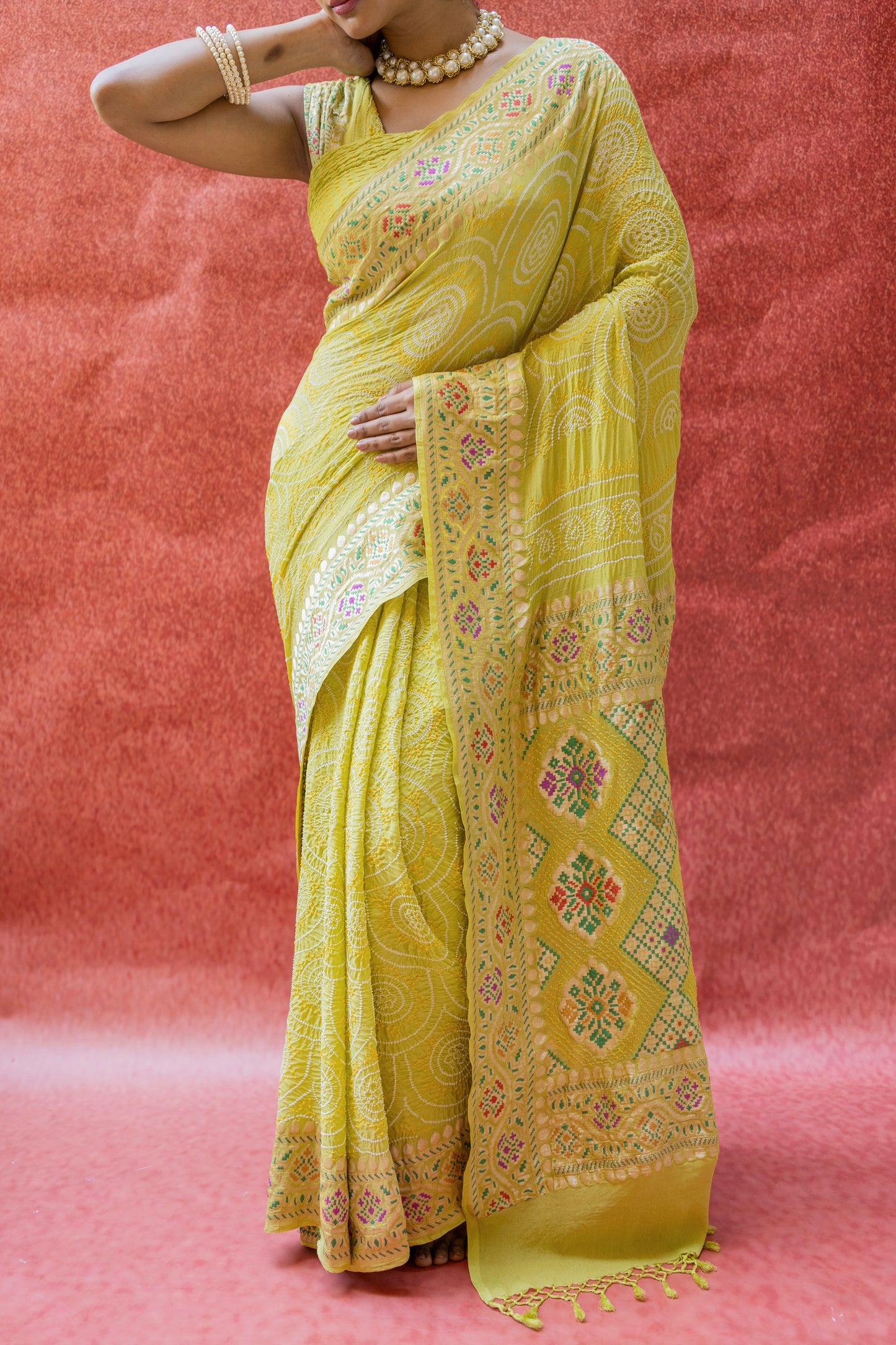 Meenakari Rai Dana Georgette Green Bandhej Saree