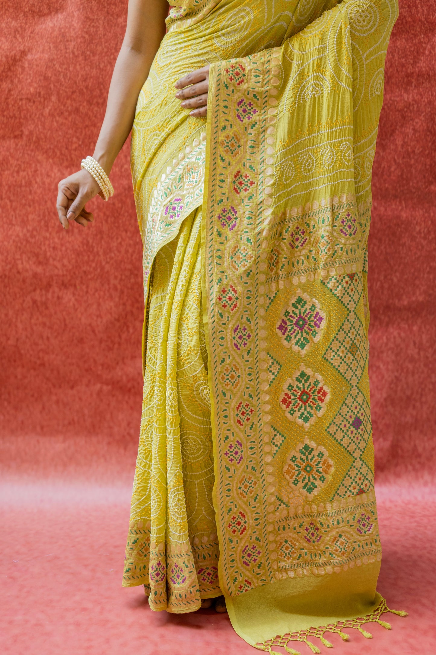 Meenakari Rai Dana Georgette Green Bandhej Saree