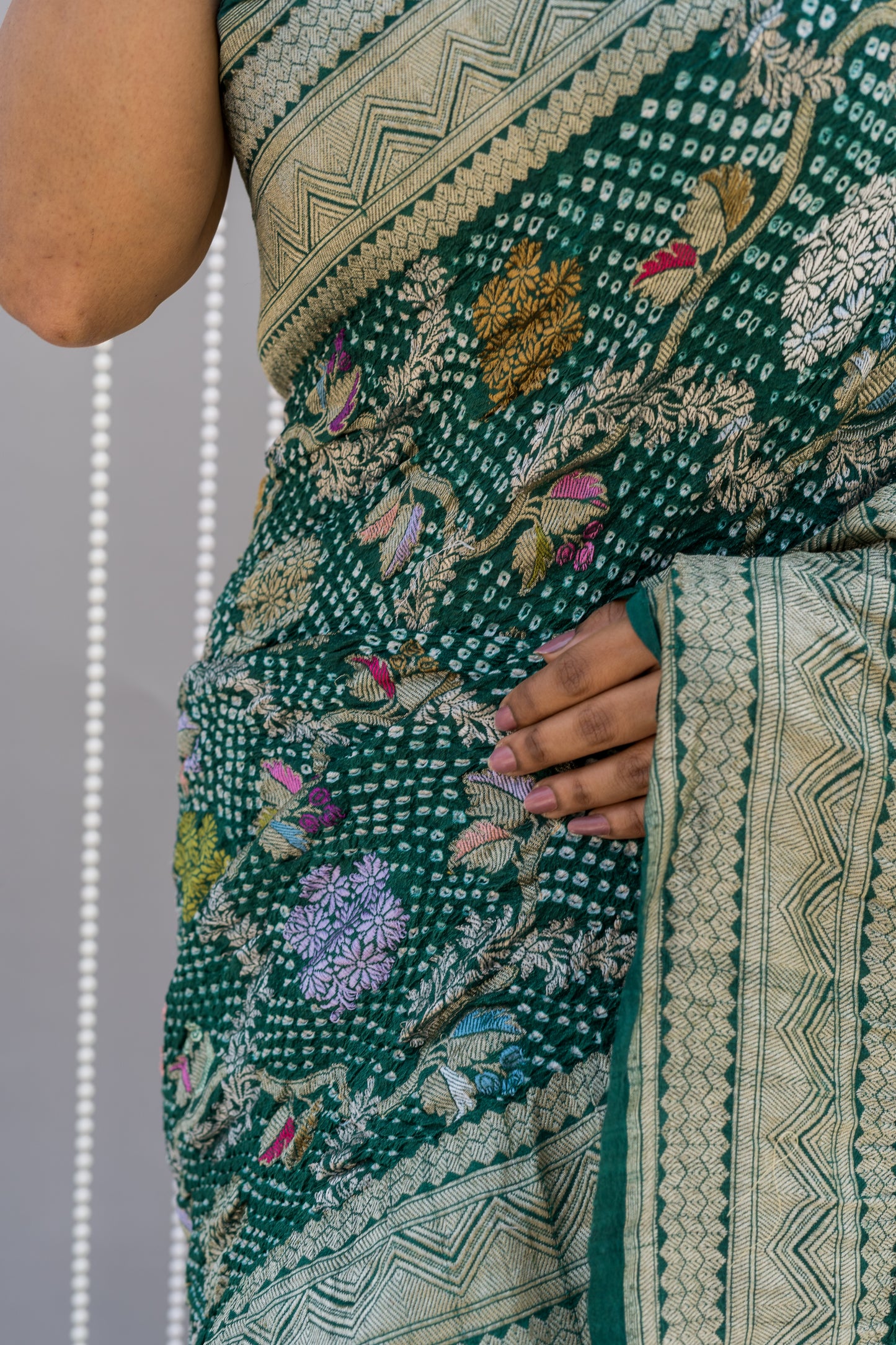 Floral Meenakari Rai Dana Jaal Tusser Green Saree