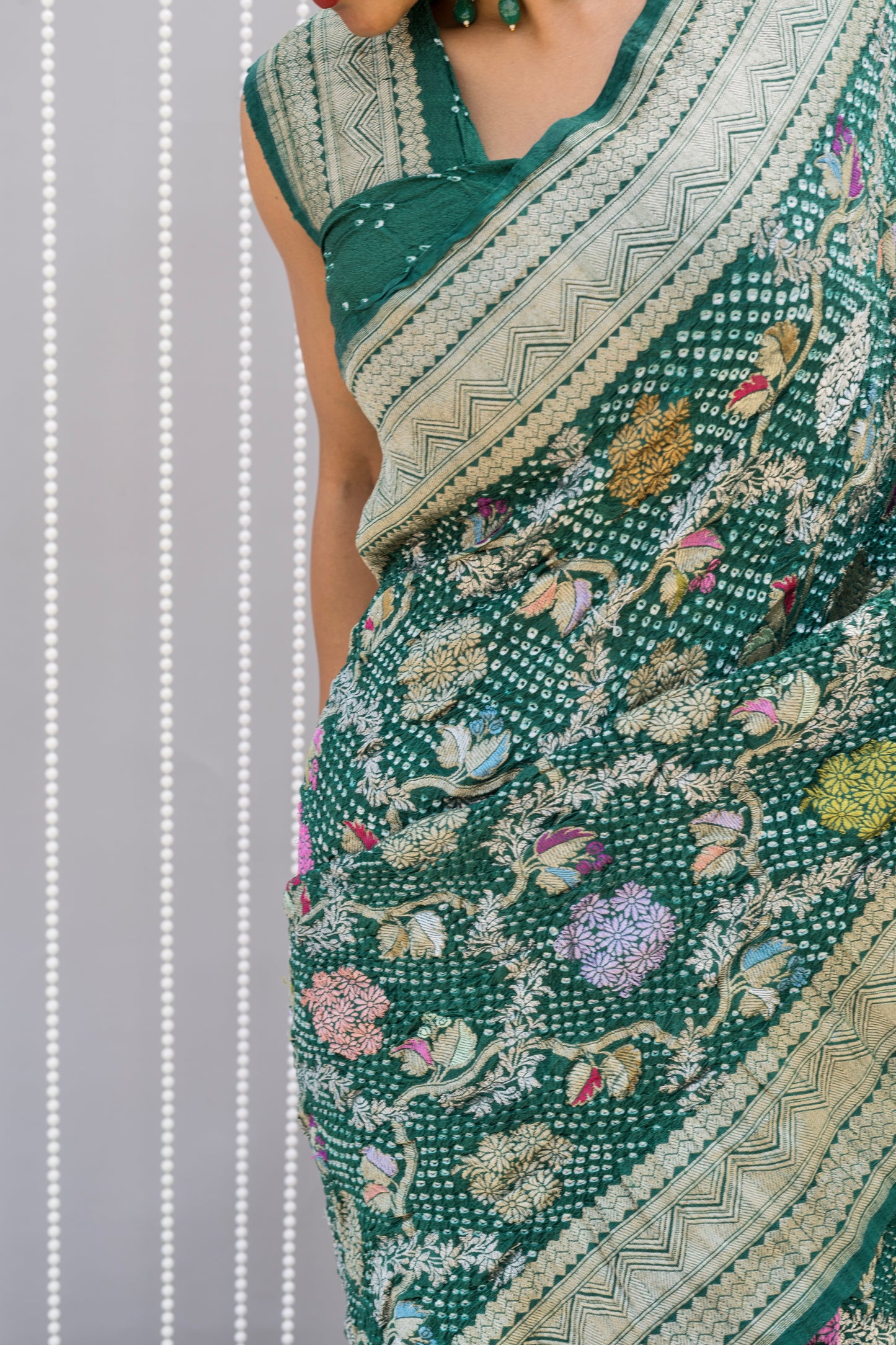 Floral Meenakari Rai Dana Jaal Tusser Green Saree