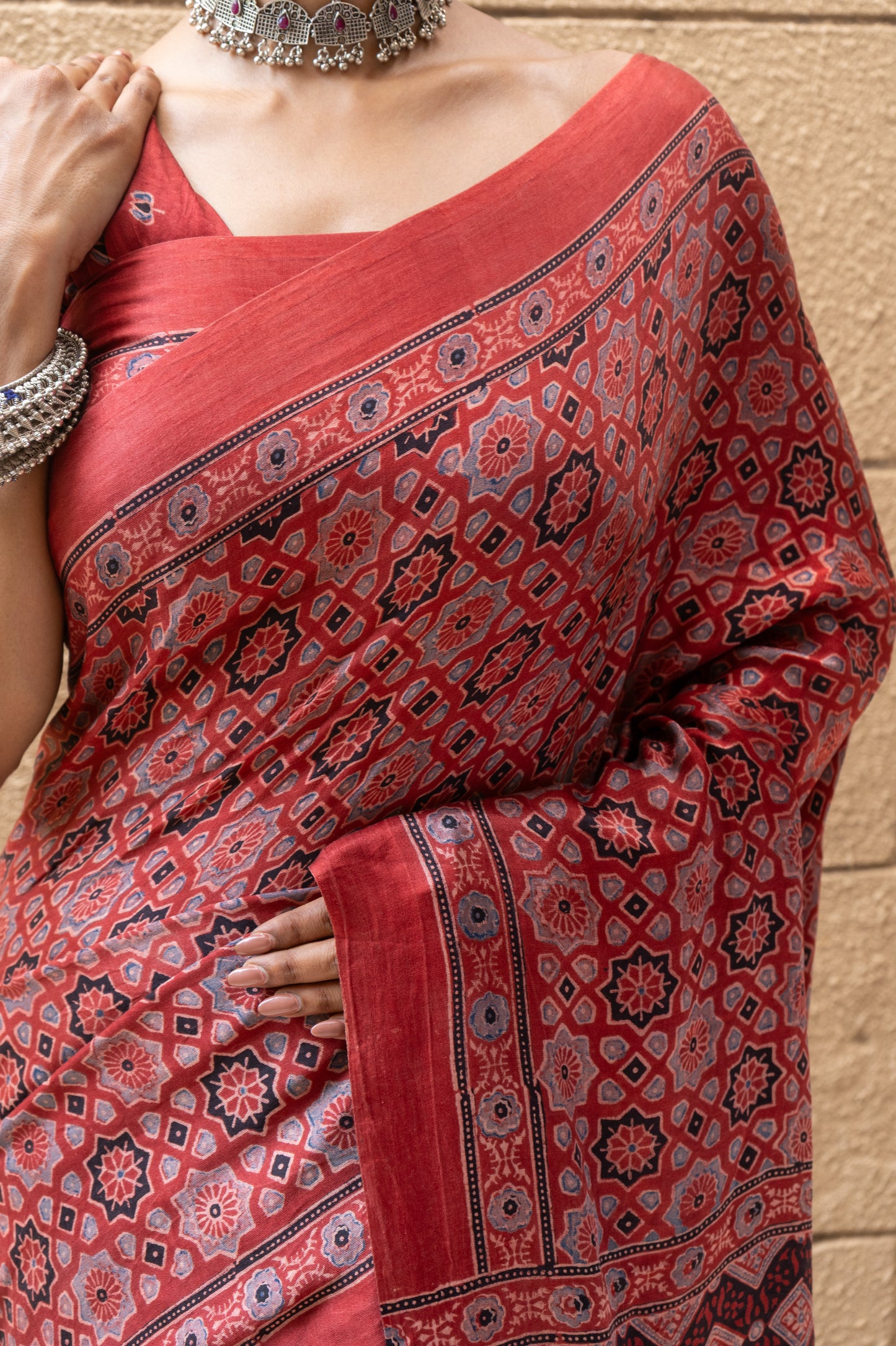 Ajrakh Print Red Floral Gajji Saree