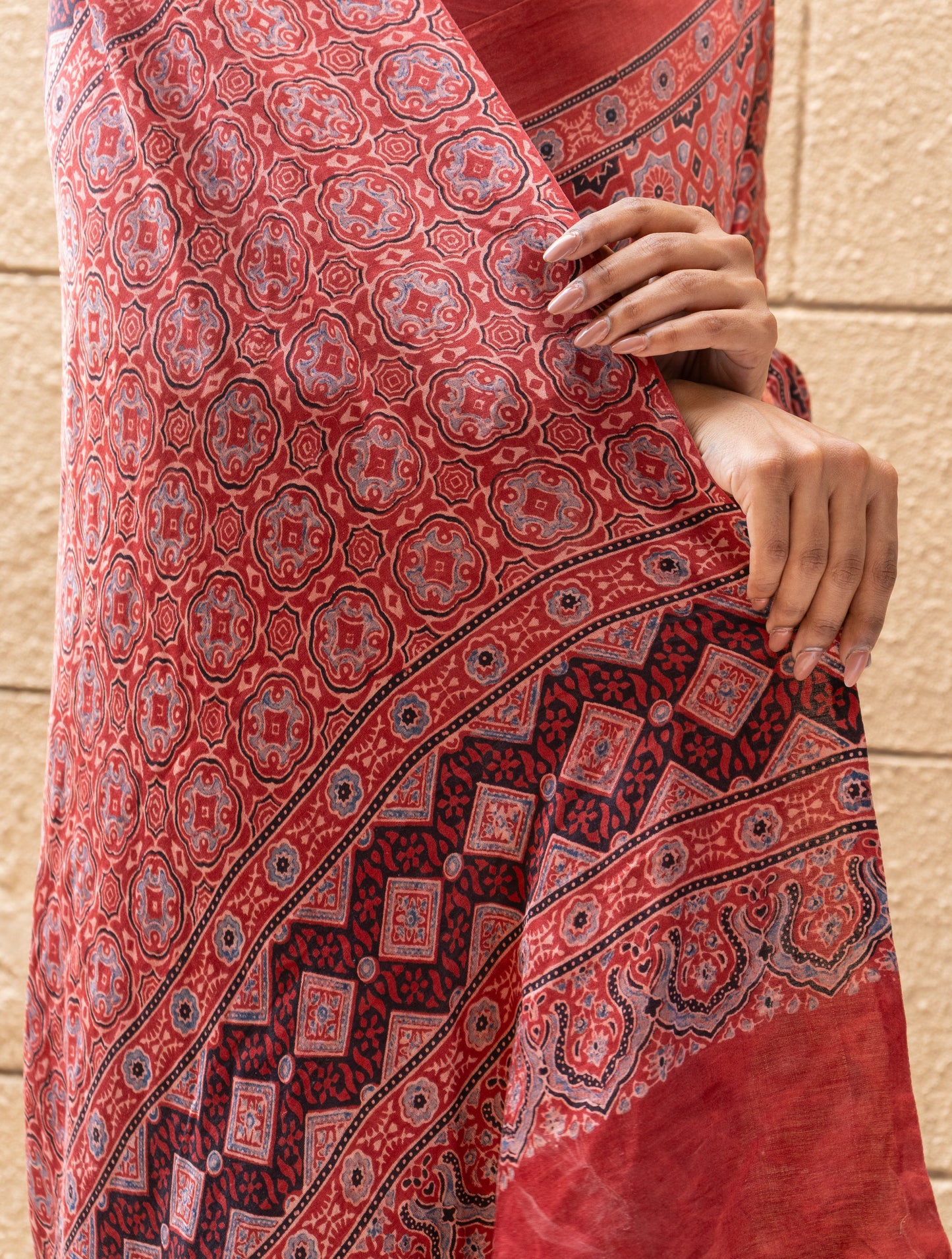 Ajrakh Print Red Floral Gajji Saree
