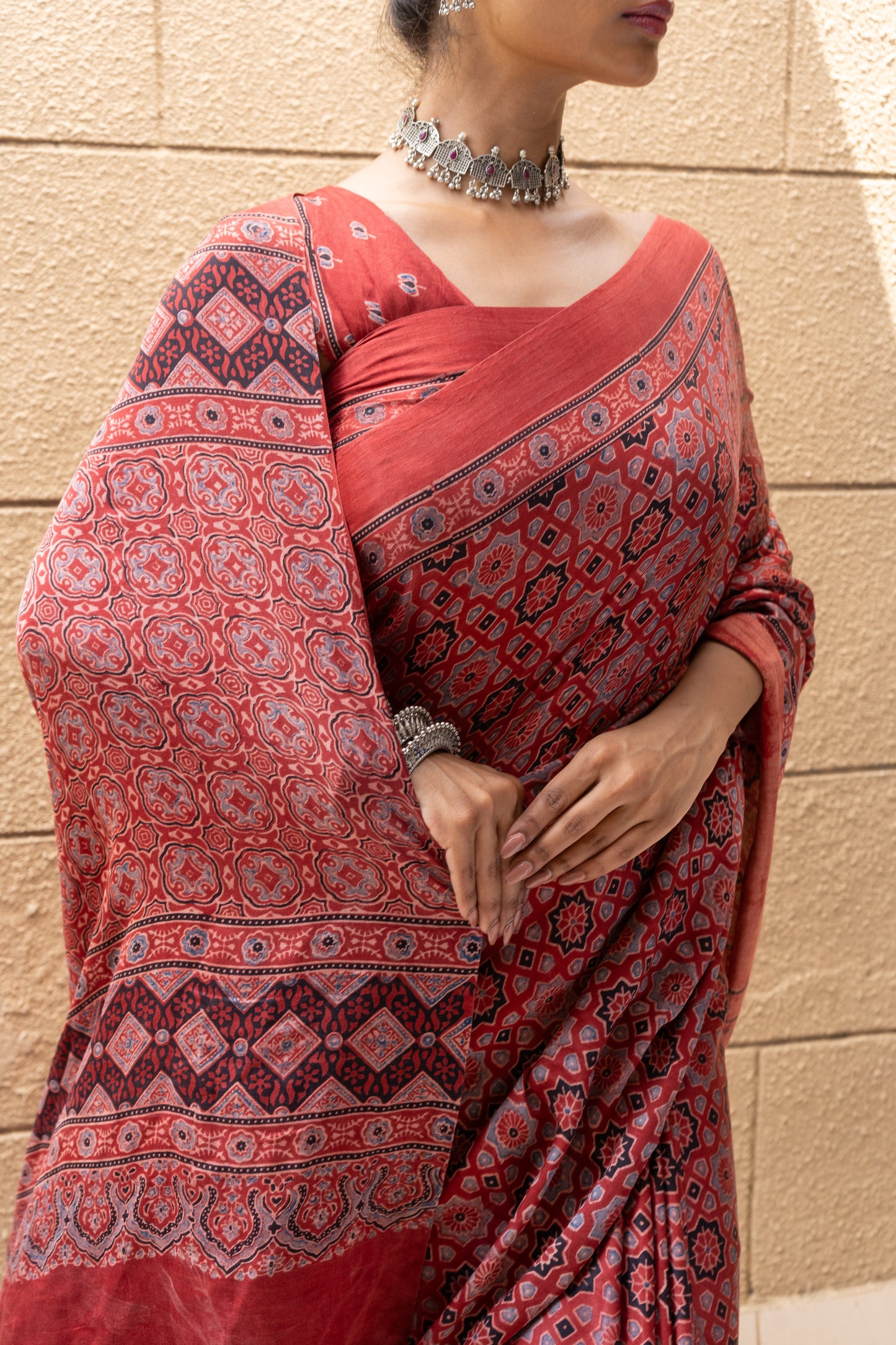 Ajrakh Print Red Floral Gajji Saree