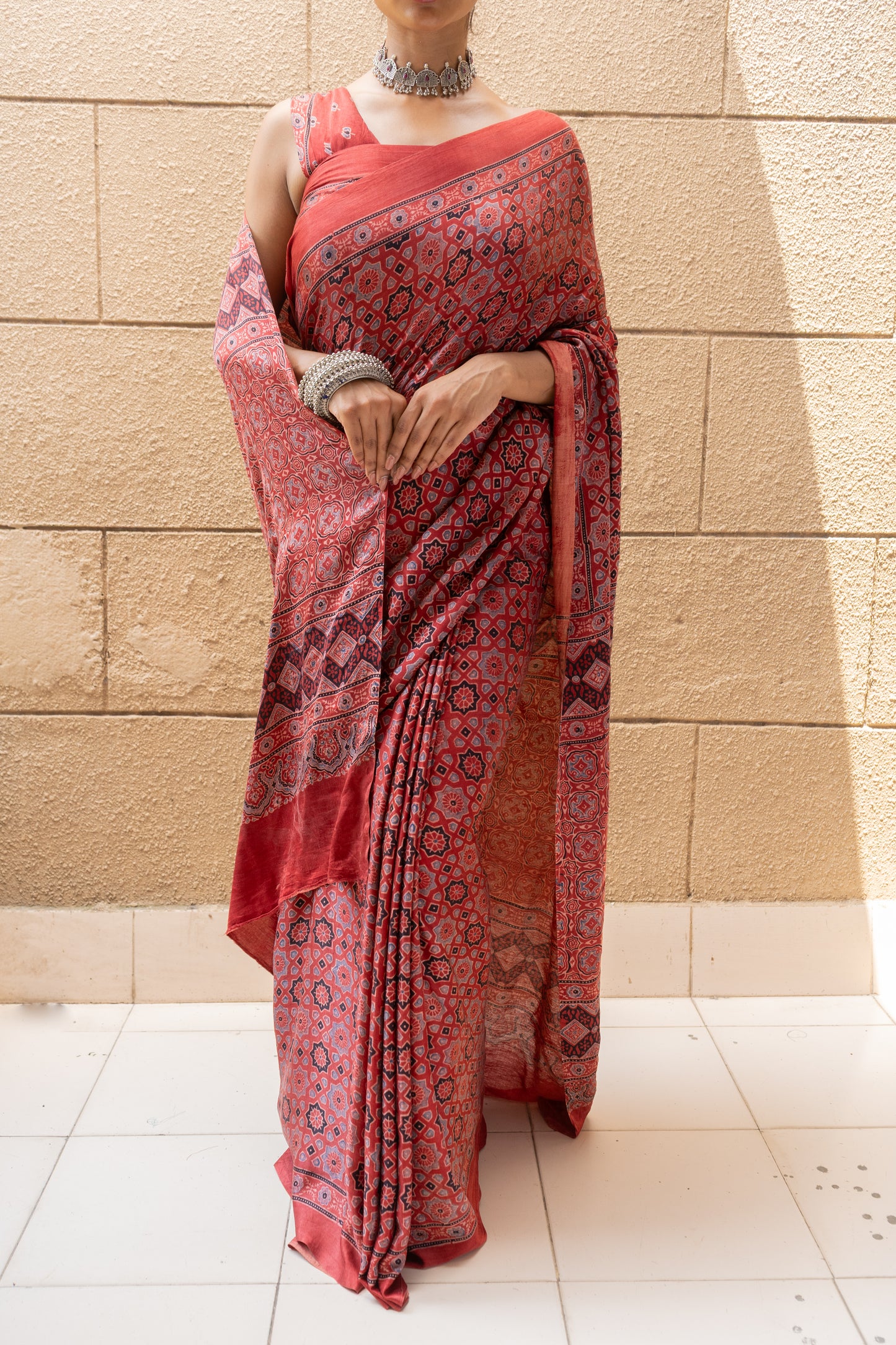 Ajrakh Print Red Floral Gajji Saree
