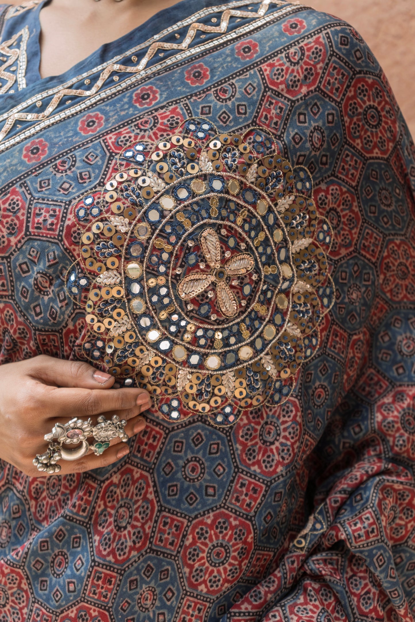 Embroidered Ajrakh Print Indigo Floral Gajji Saree