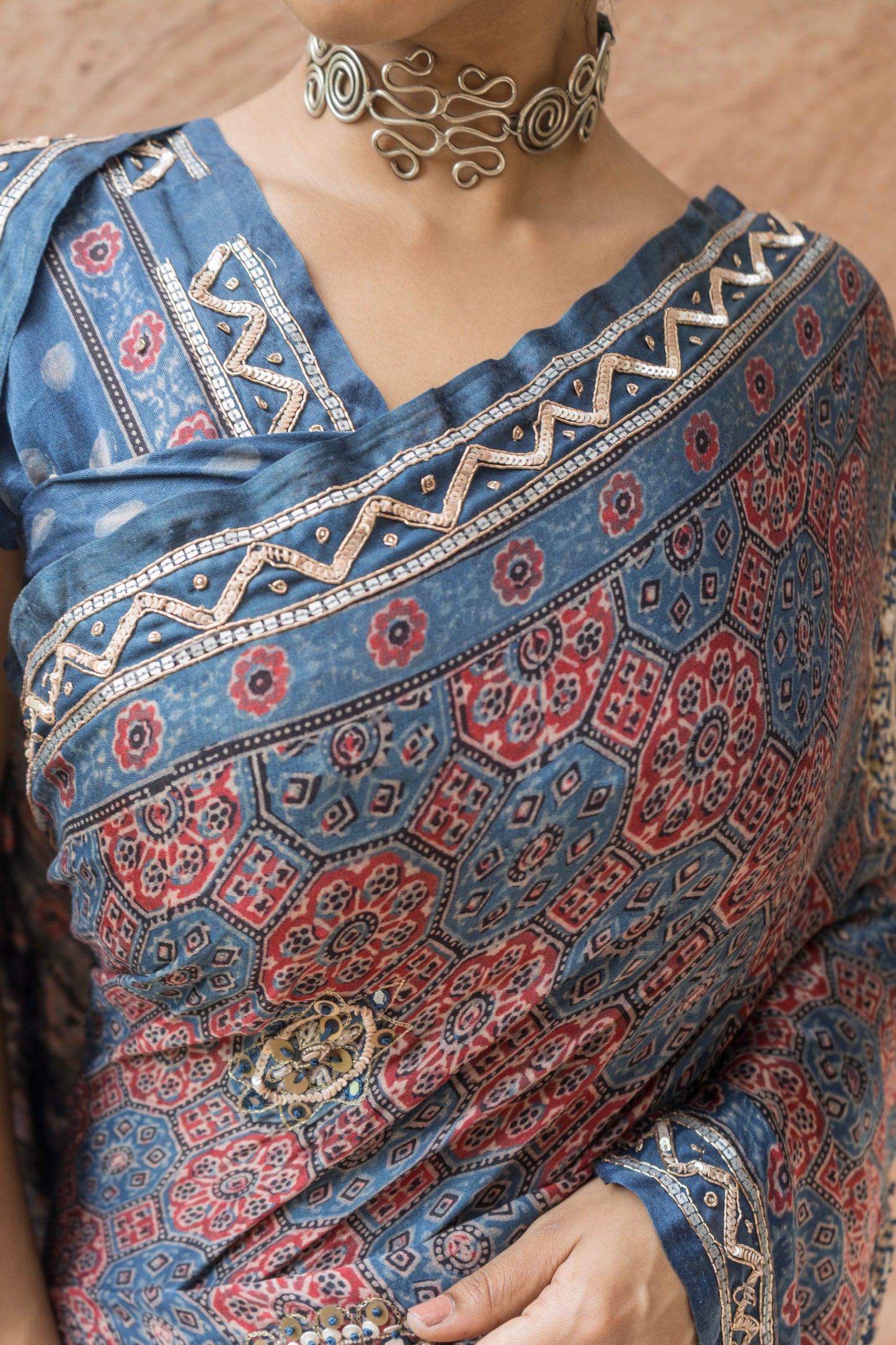Embroidered Ajrakh Print Indigo Floral Gajji Saree