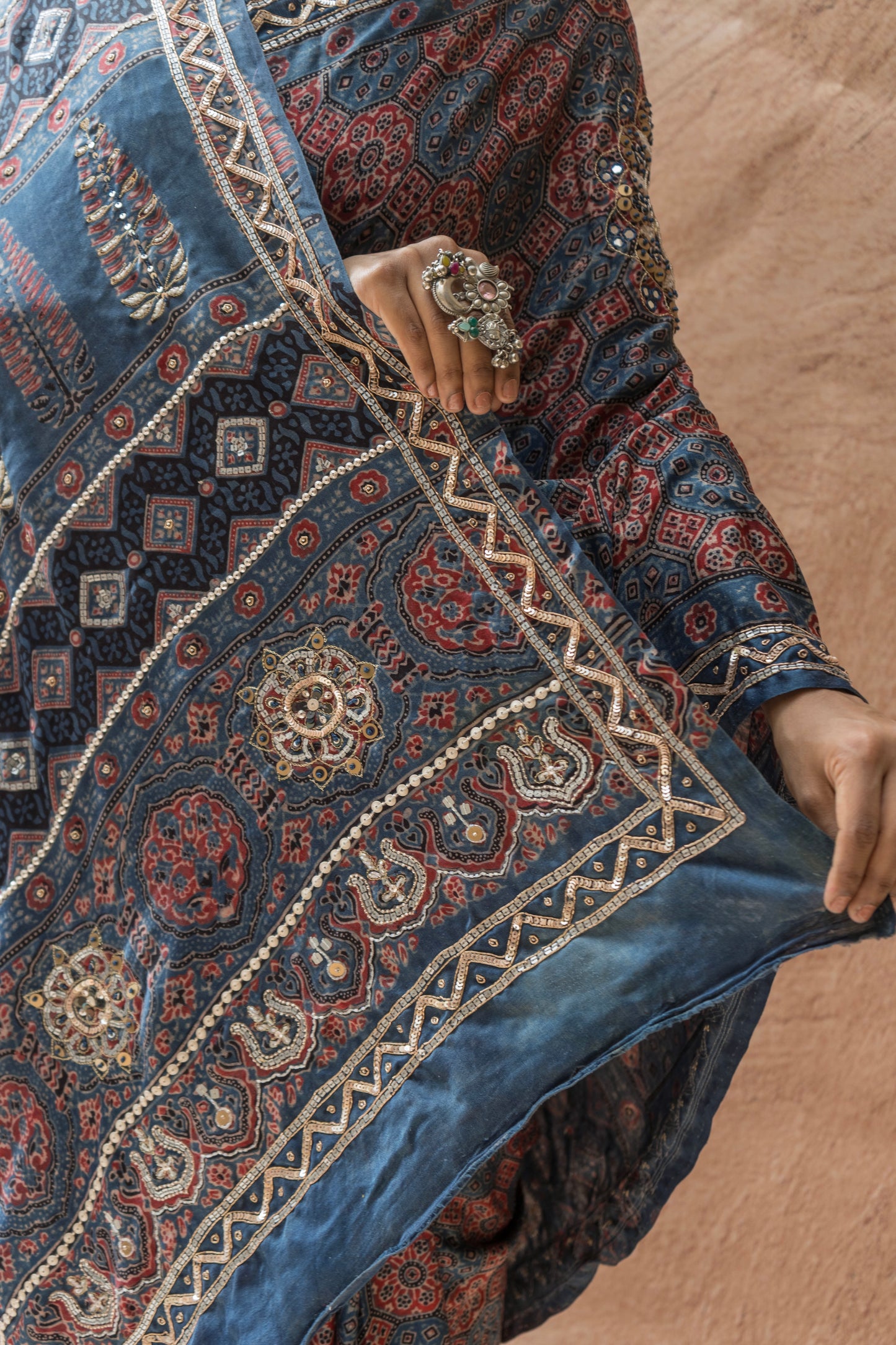 Embroidered Ajrakh Print Indigo Floral Gajji Saree