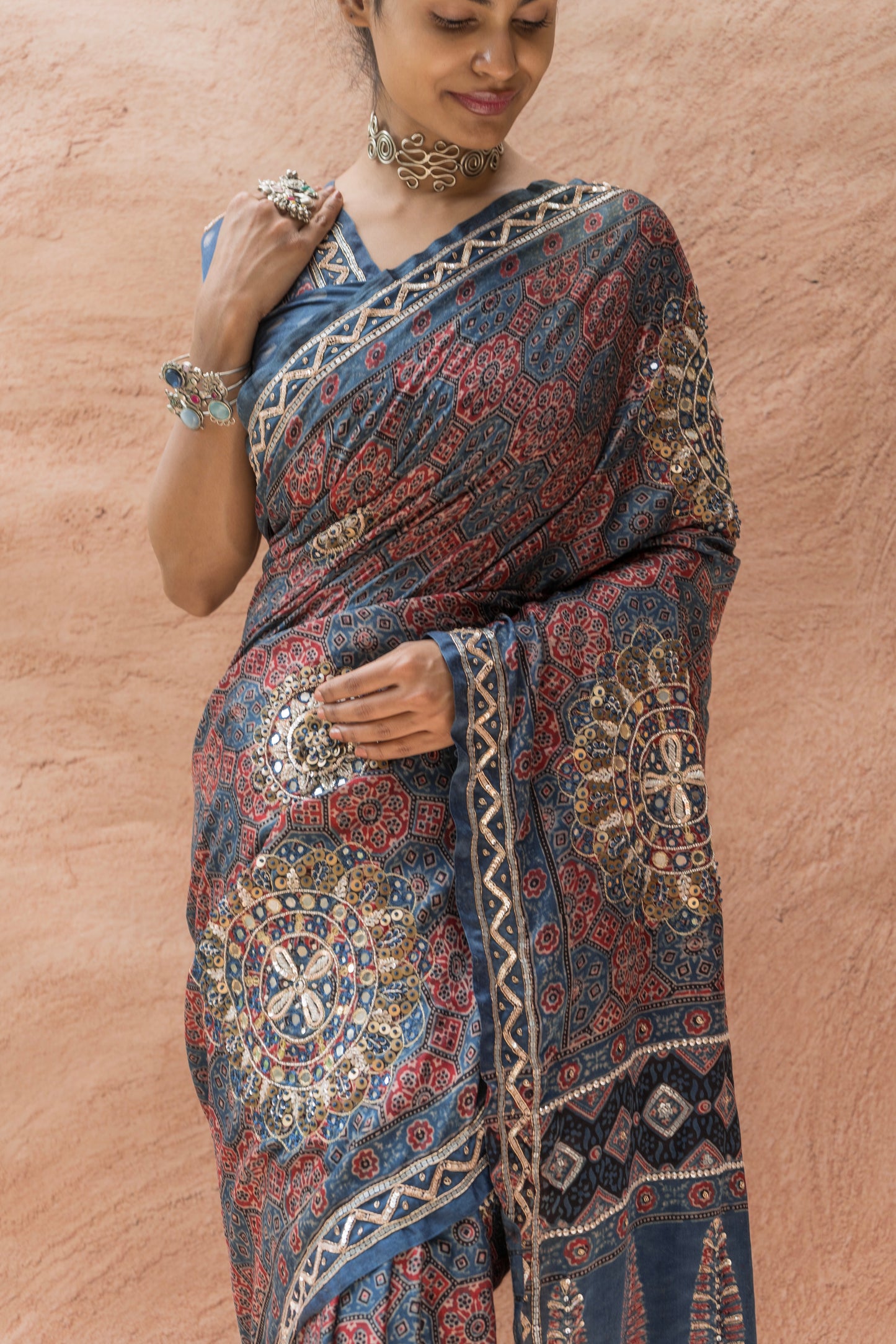 Embroidered Ajrakh Print Indigo Floral Gajji Saree