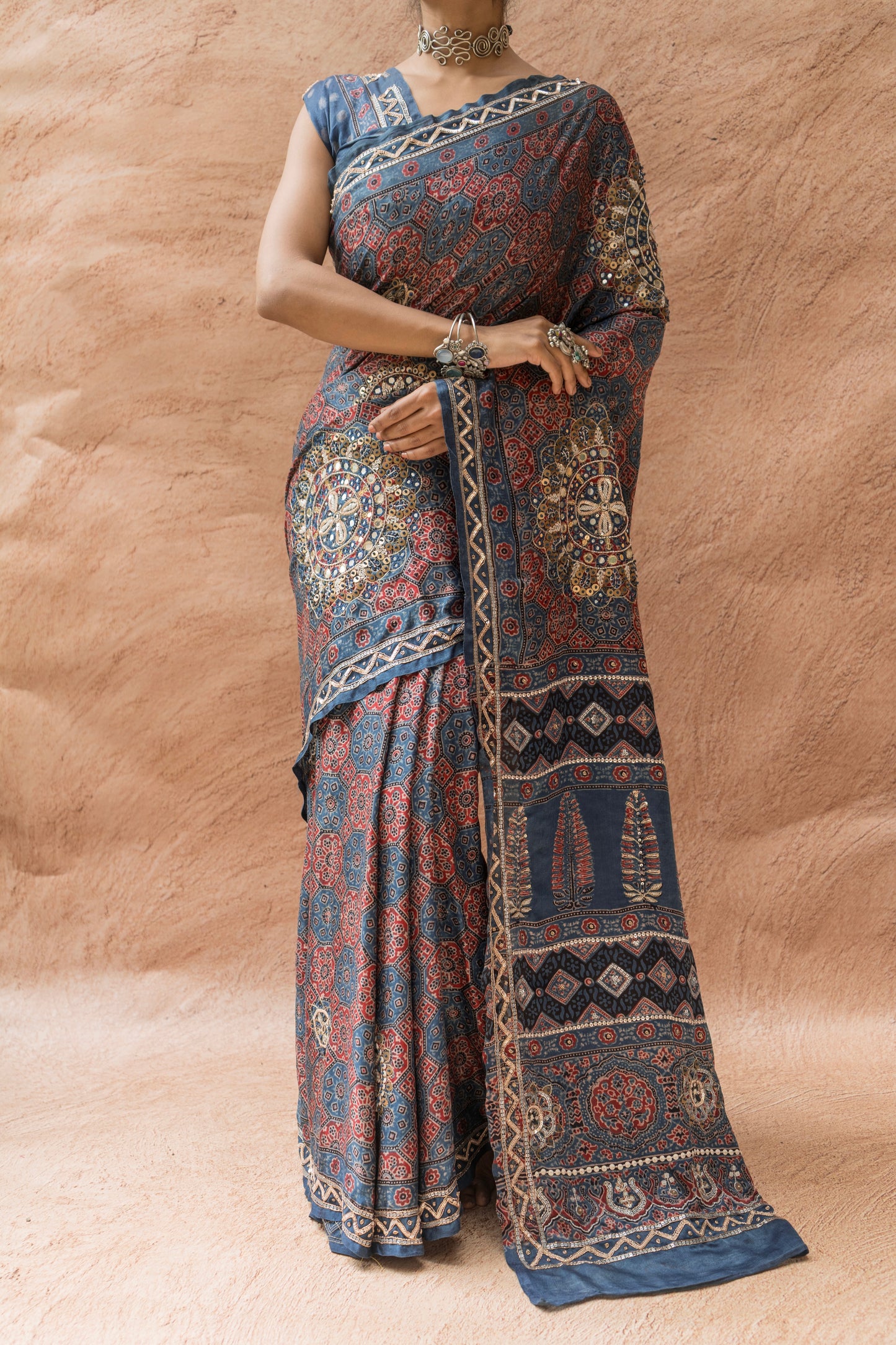 Embroidered Ajrakh Print Indigo Floral Gajji Saree