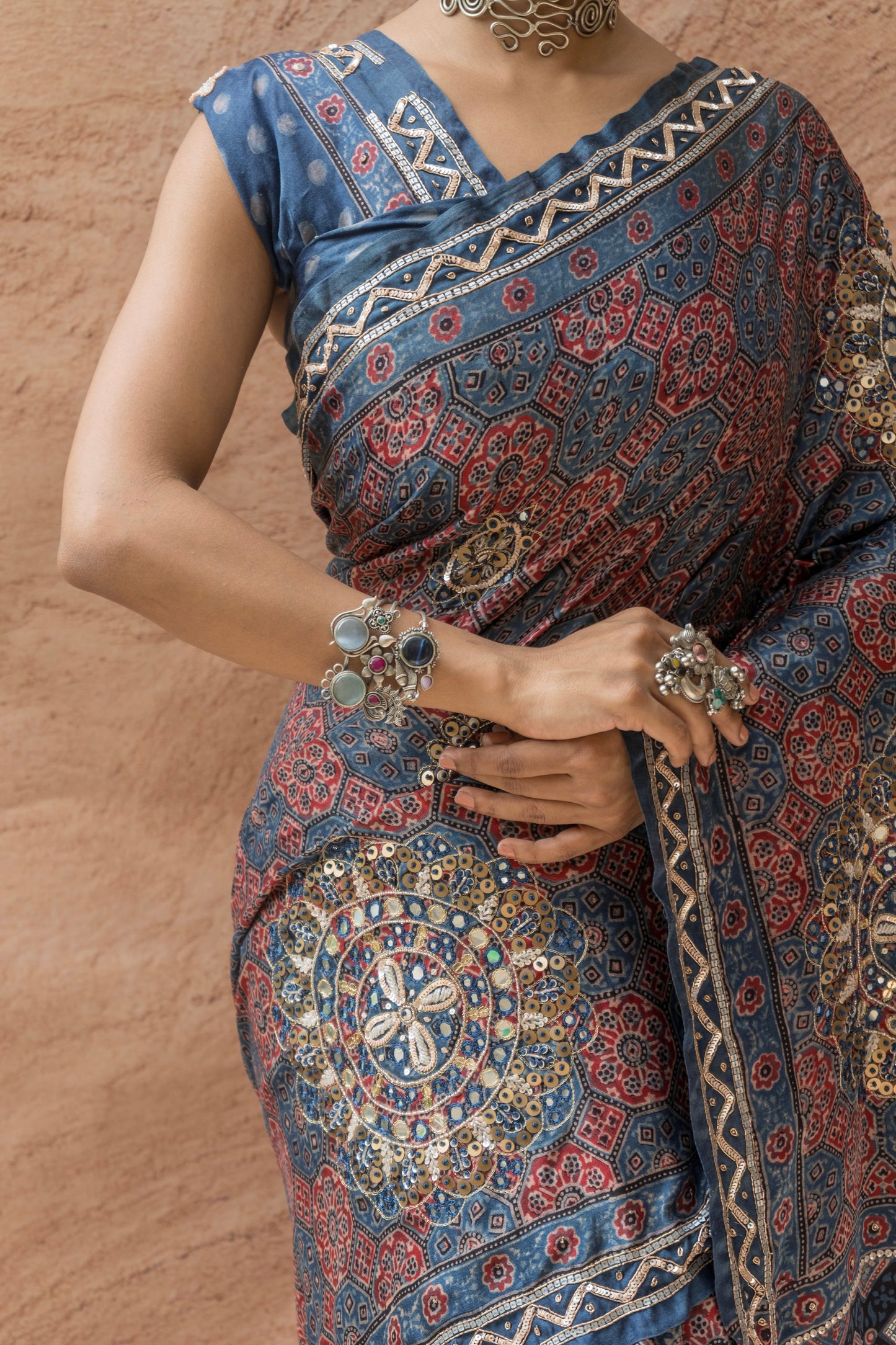 Embroidered Ajrakh Print Indigo Floral Gajji Saree