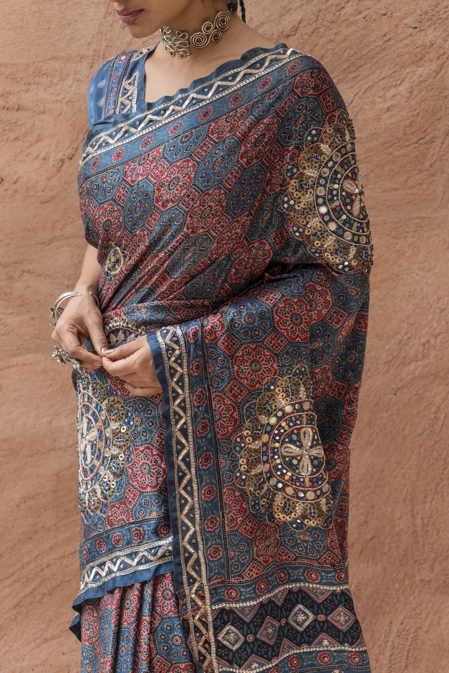 Embroidered Ajrakh Print Indigo Floral Gajji Saree