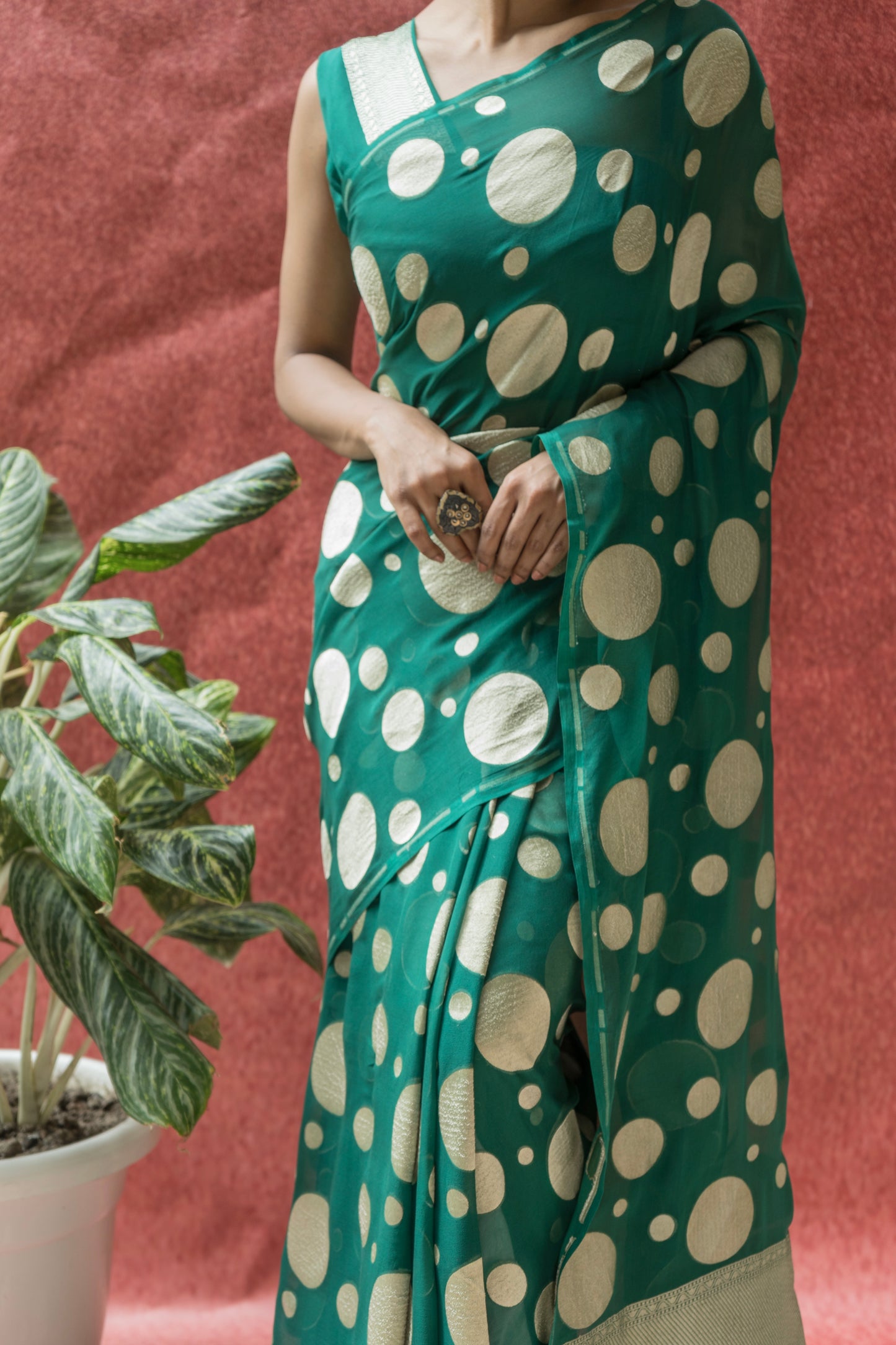 Khaddi Georgette Green Polka Dots Saree