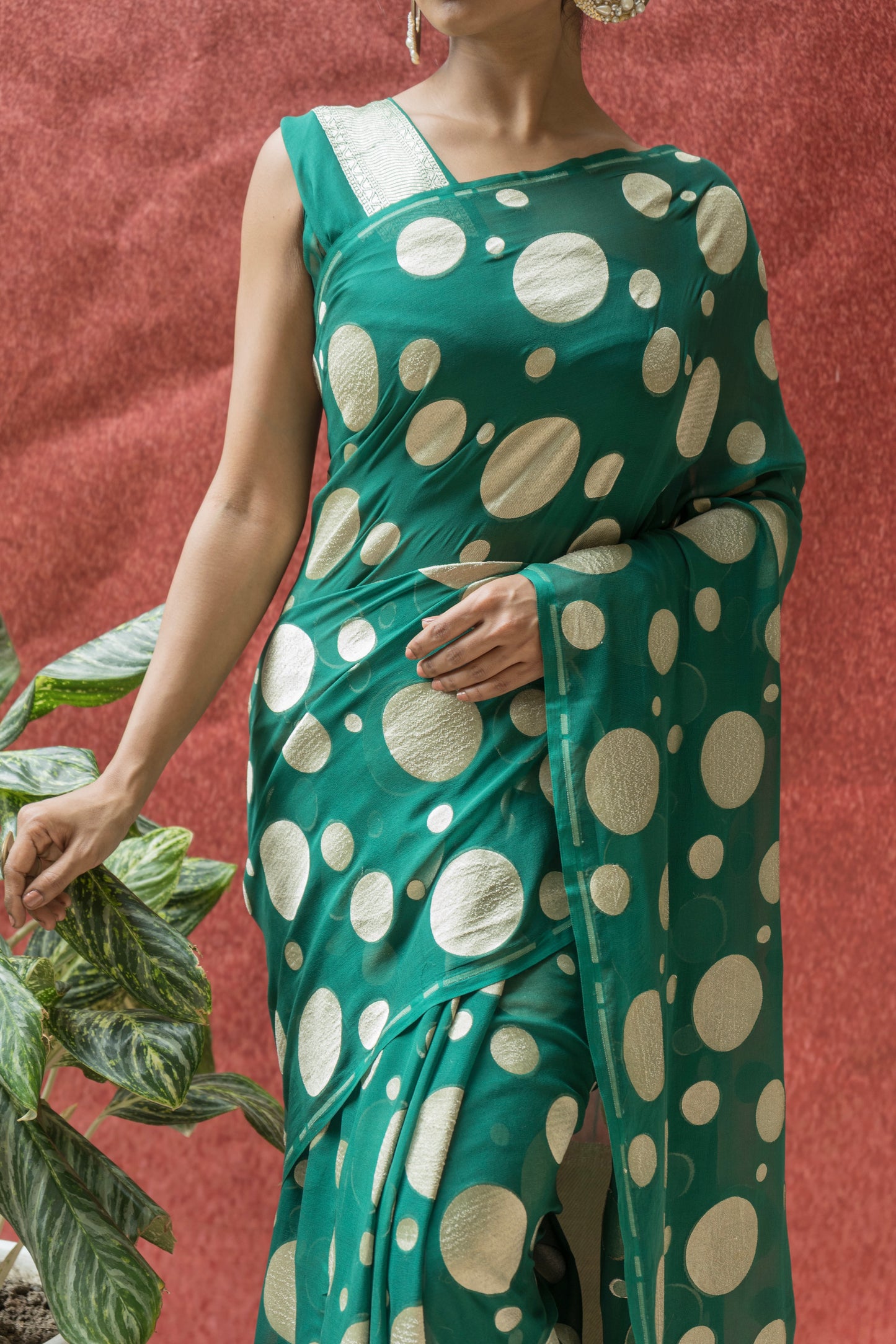 Khaddi Georgette Green Polka Dots Saree