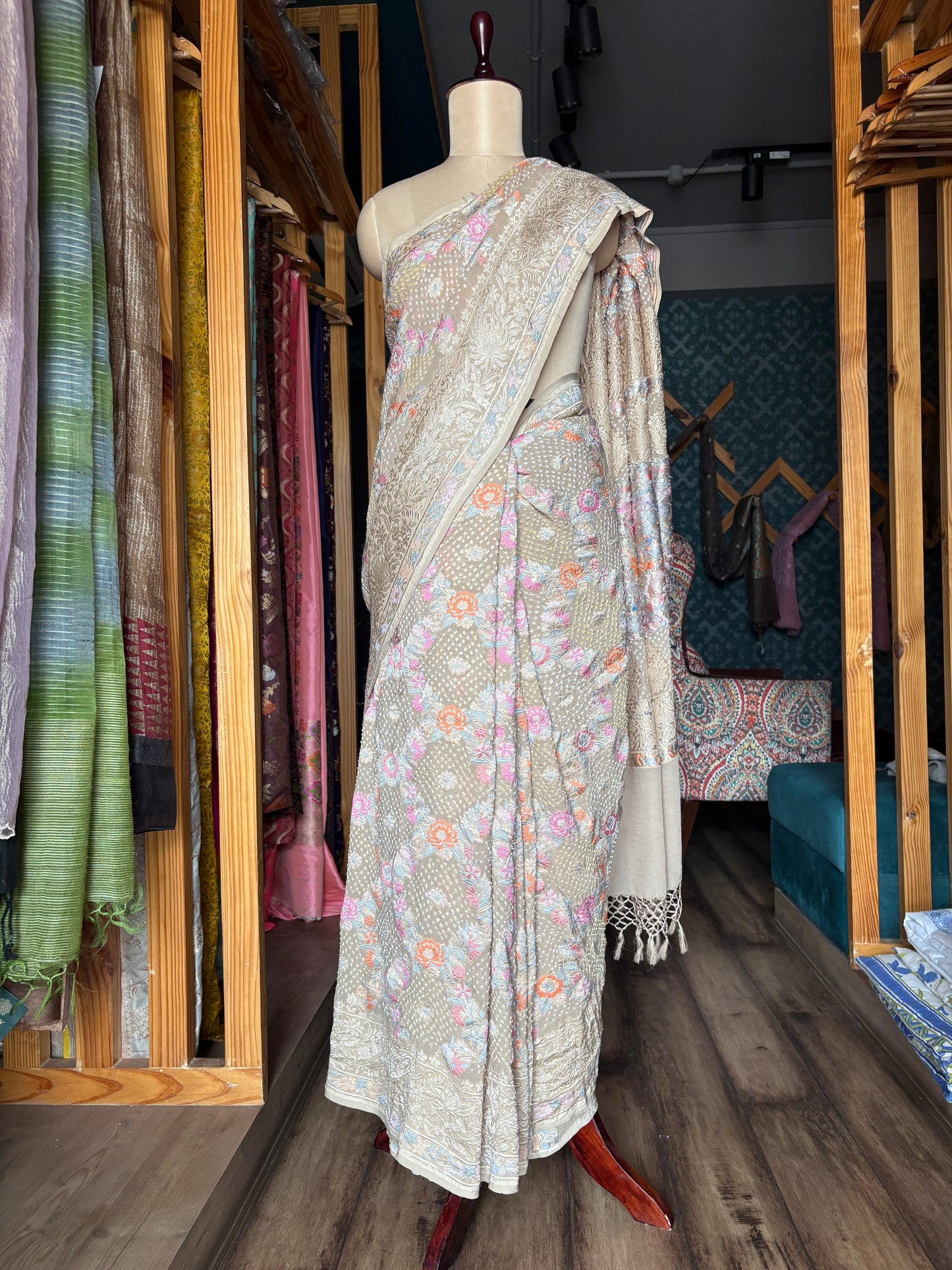 Parsi Jaal Georgette Bandhej Light Brown Saree