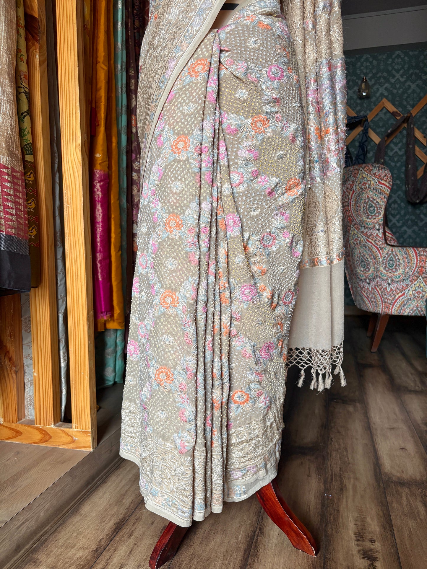 Parsi Jaal Georgette Bandhej Light Brown Saree