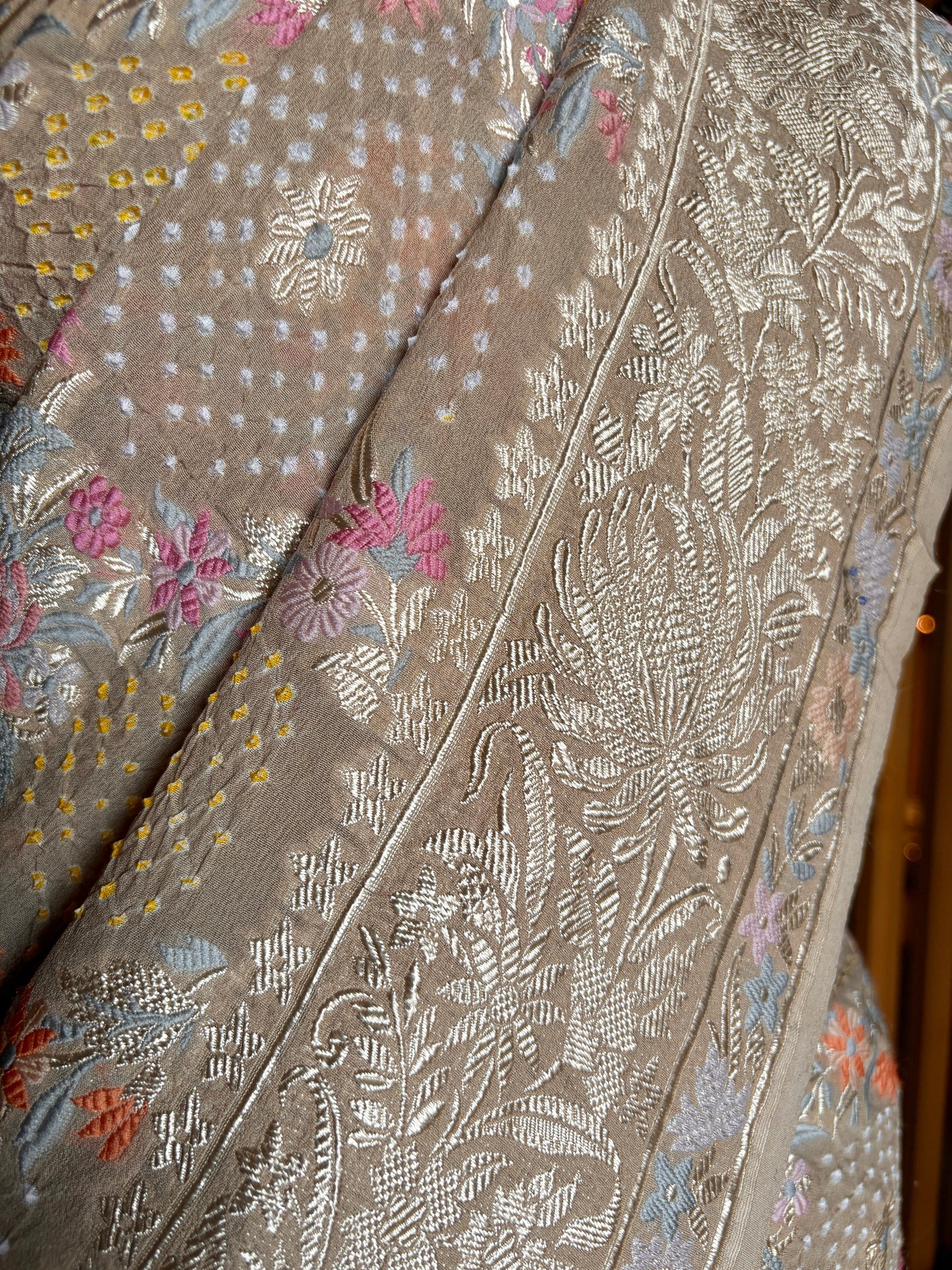 Parsi Jaal Georgette Bandhej Light Brown Saree