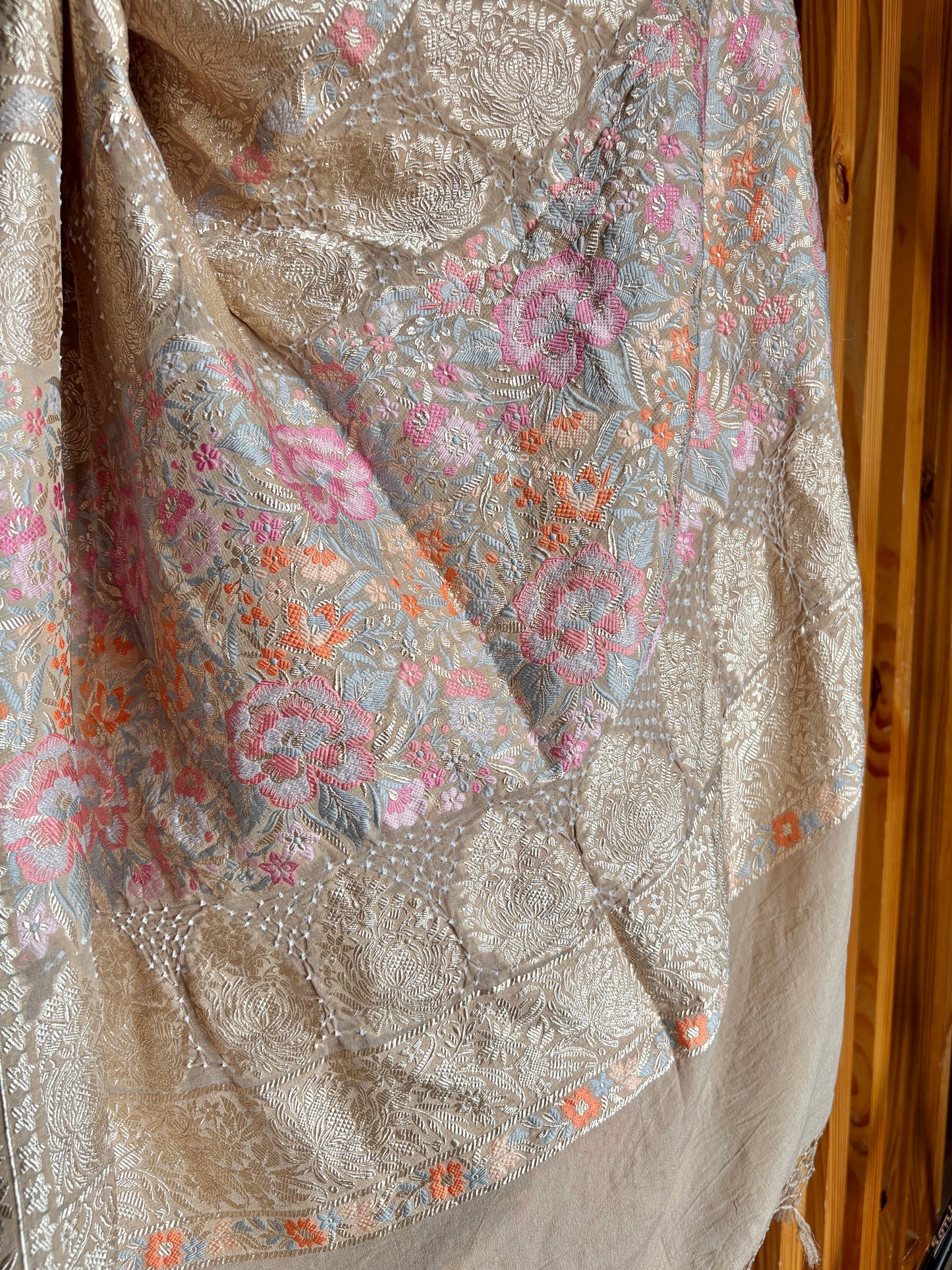 Parsi Jaal Georgette Bandhej Light Brown Saree