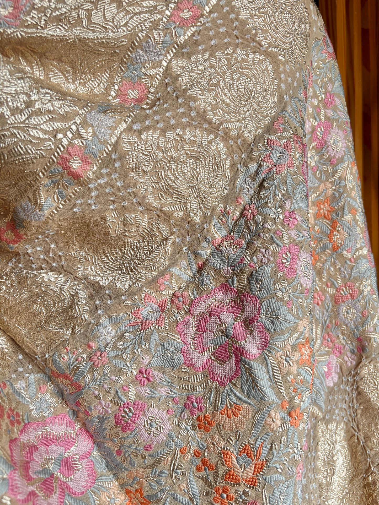 Parsi Jaal Georgette Bandhej Light Brown Saree