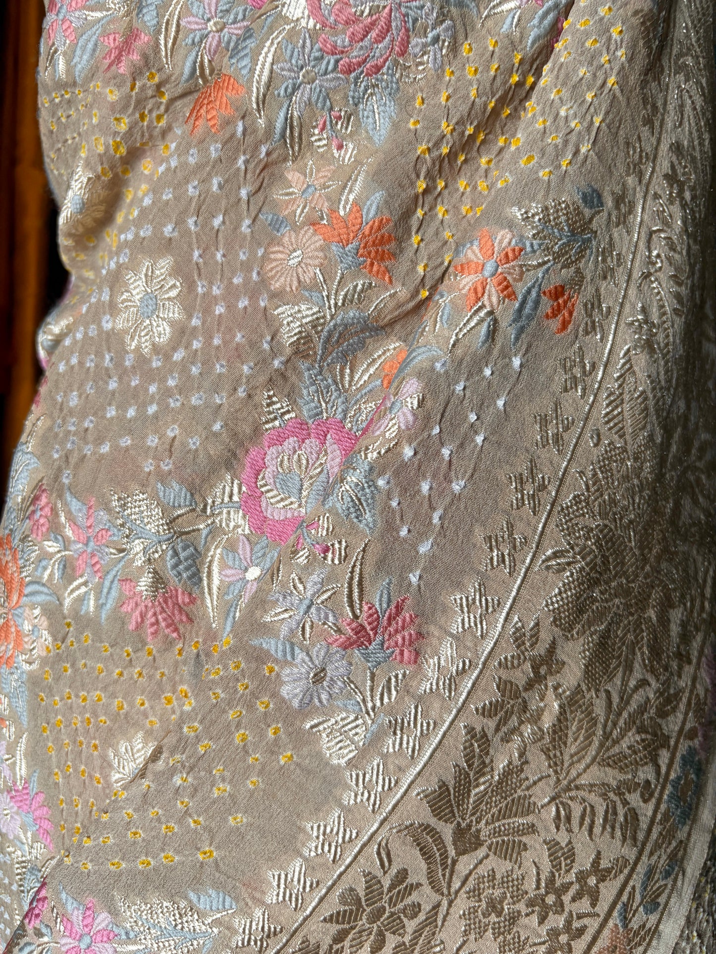 Parsi Jaal Georgette Bandhej Light Brown Saree