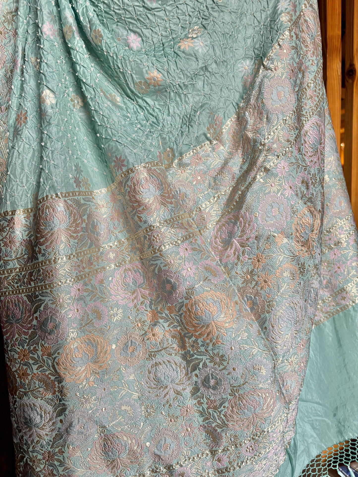 Parsi Katan Floral Booti Bandhej Pastel Blue Saree