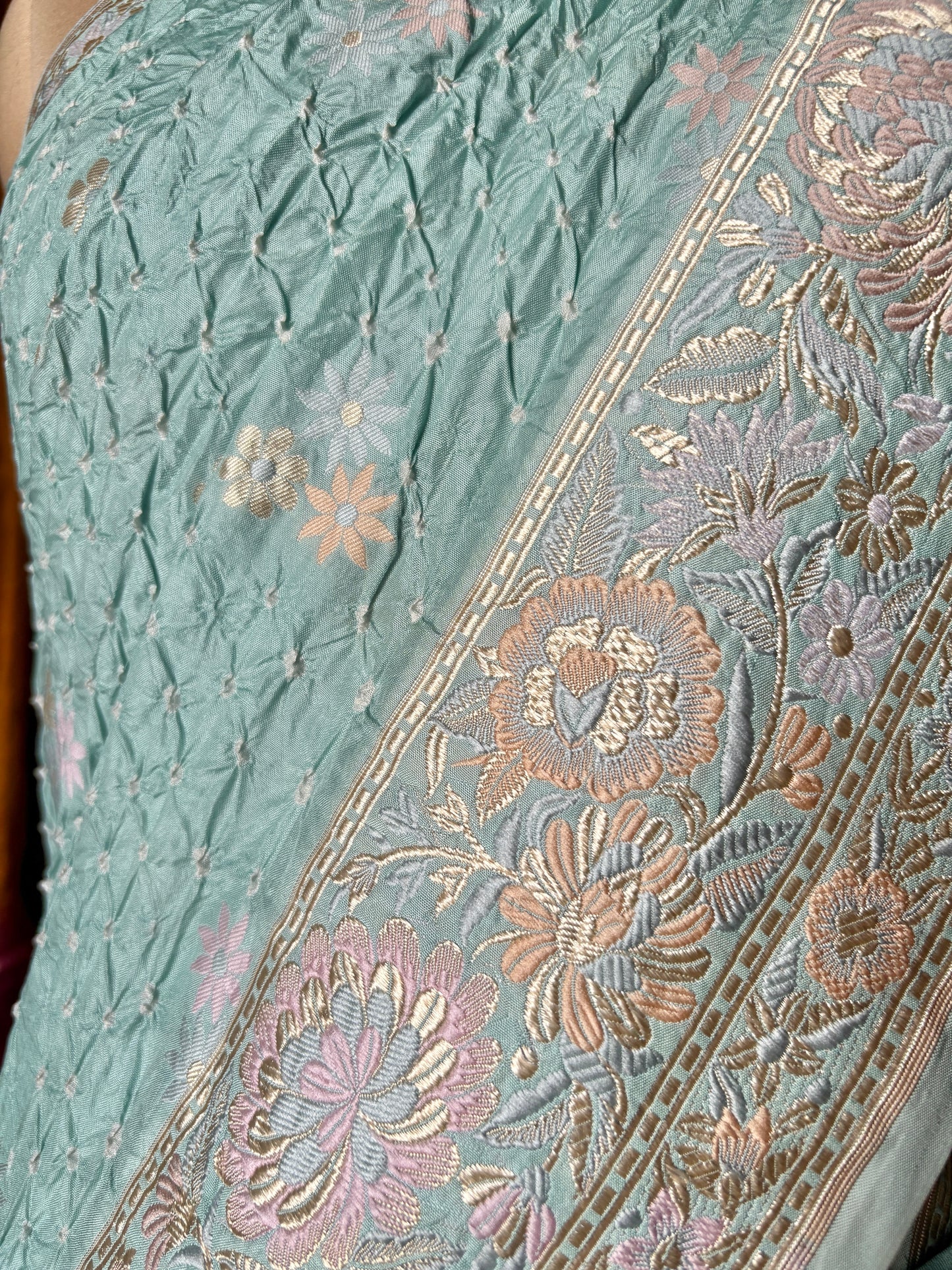 Parsi Katan Floral Booti Bandhej Pastel Blue Saree