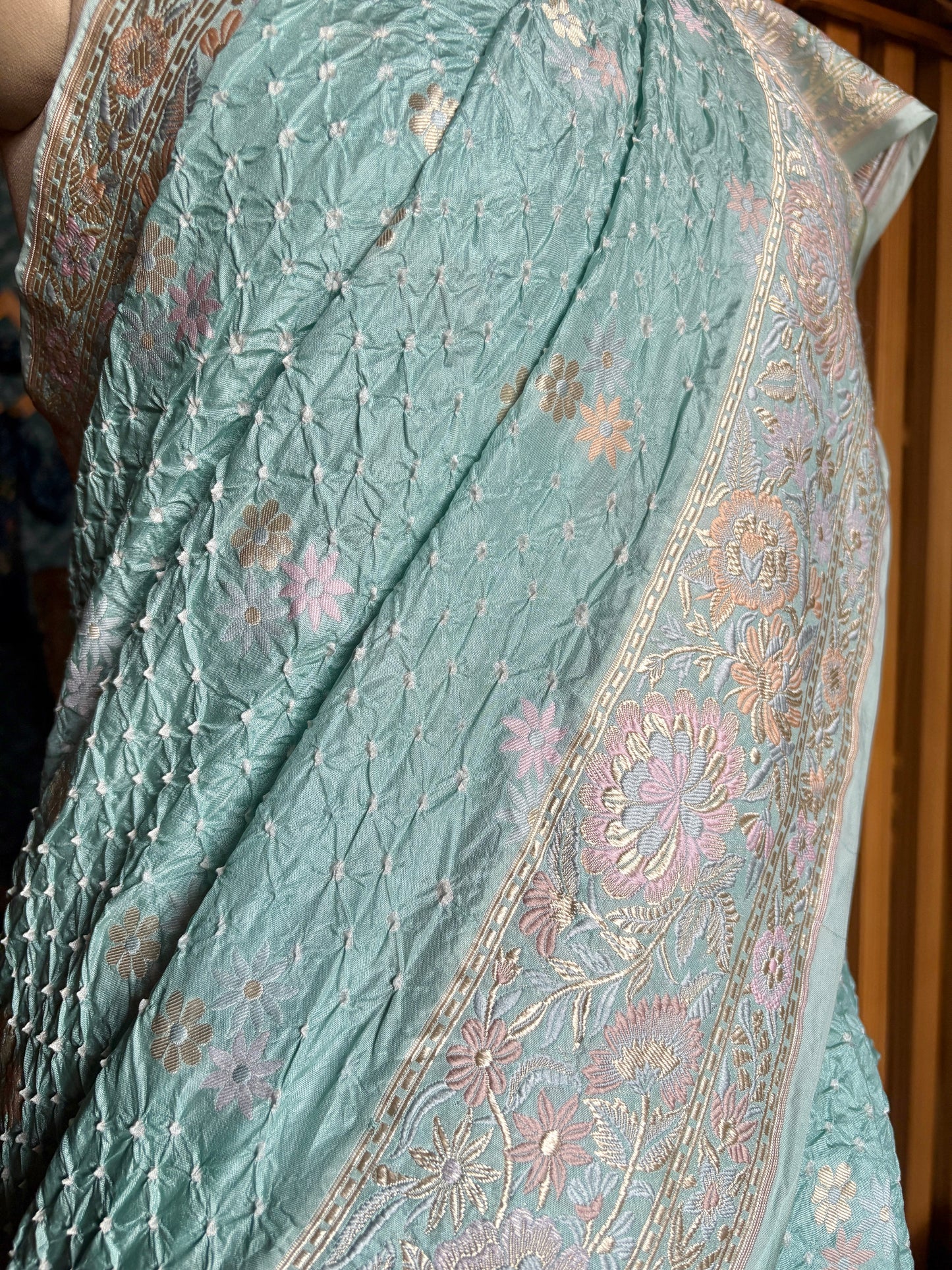 Parsi Katan Floral Booti Bandhej Pastel Blue Saree