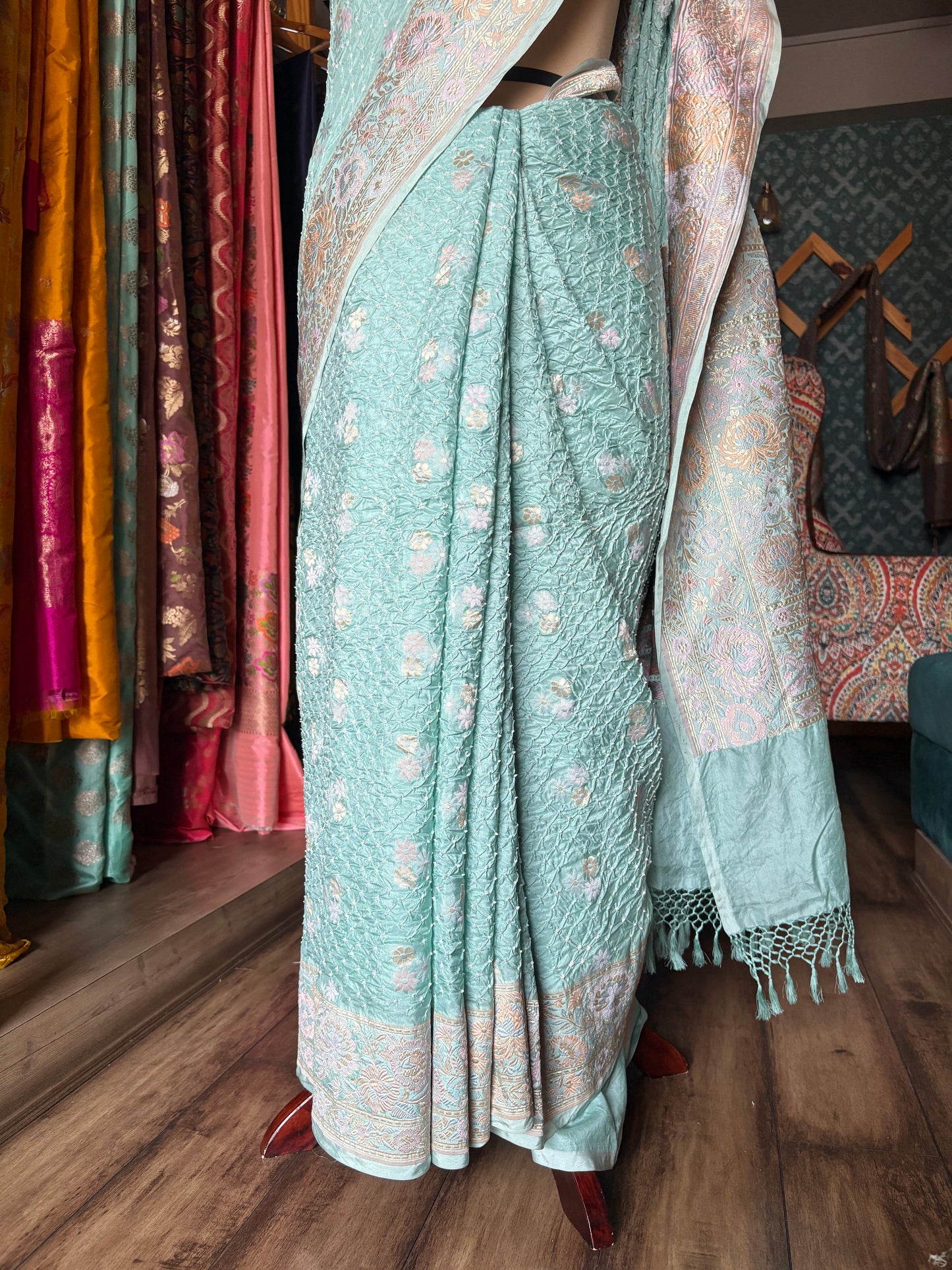 Parsi Katan Floral Booti Bandhej Pastel Blue Saree