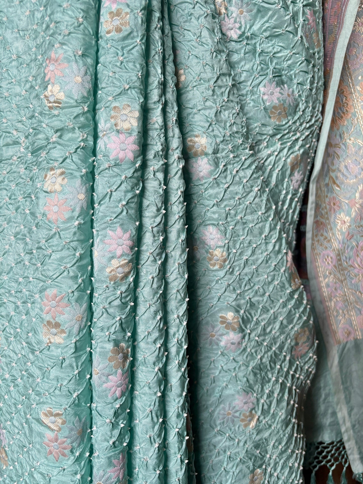 Parsi Katan Floral Booti Bandhej Pastel Blue Saree