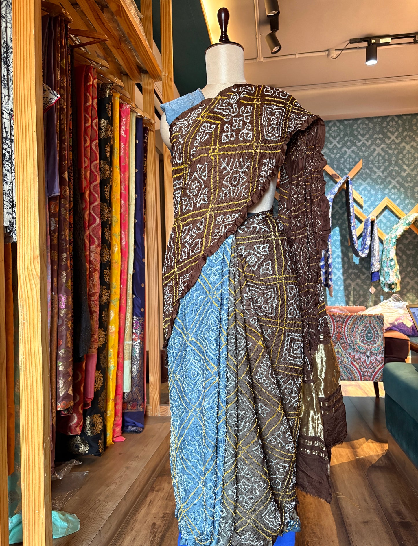 Blue-Grey-Brown Ombre Gajji Rai Dana Saree