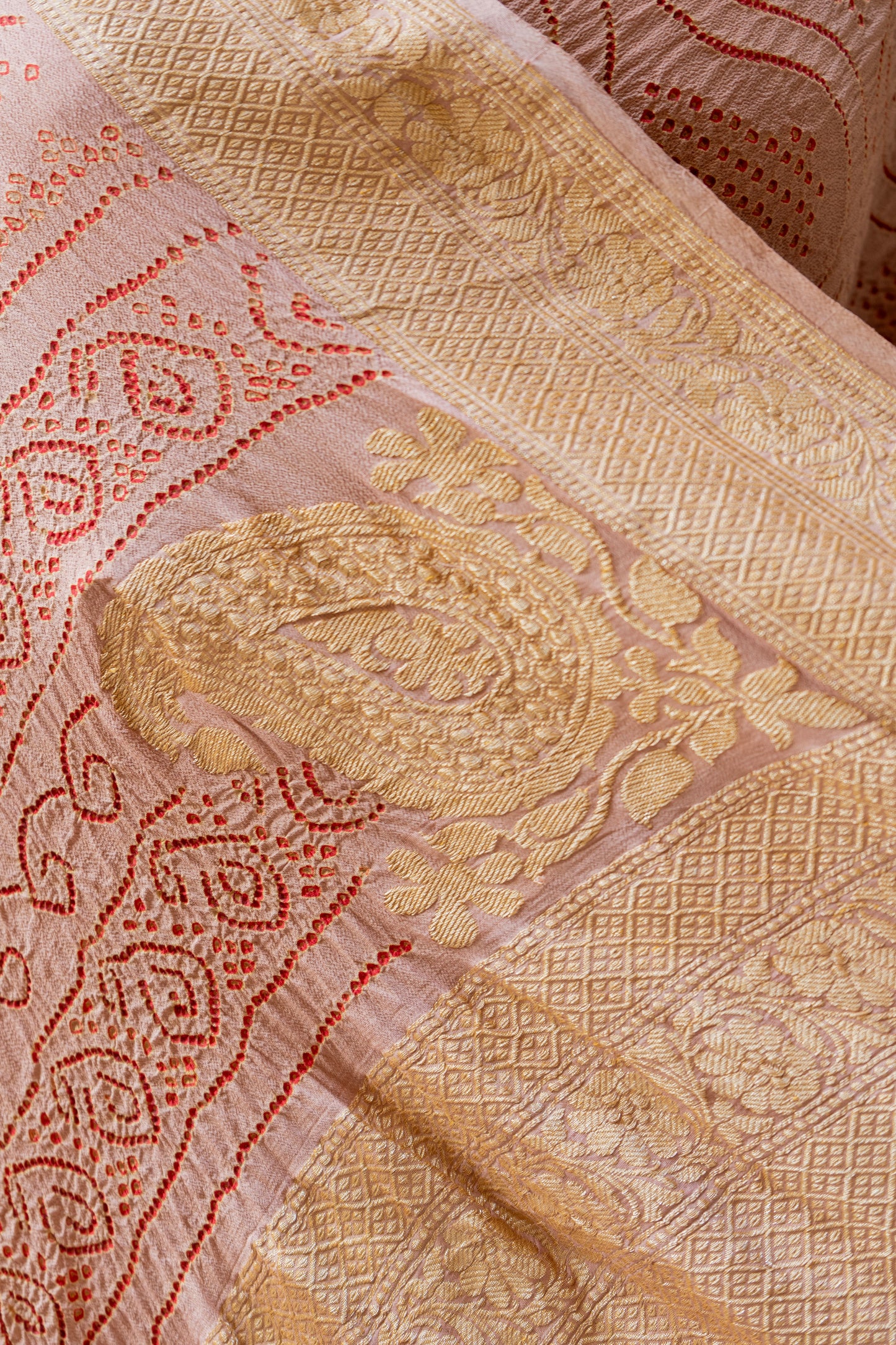 Georgette Red Rai Dana Onion Bandhej Saree