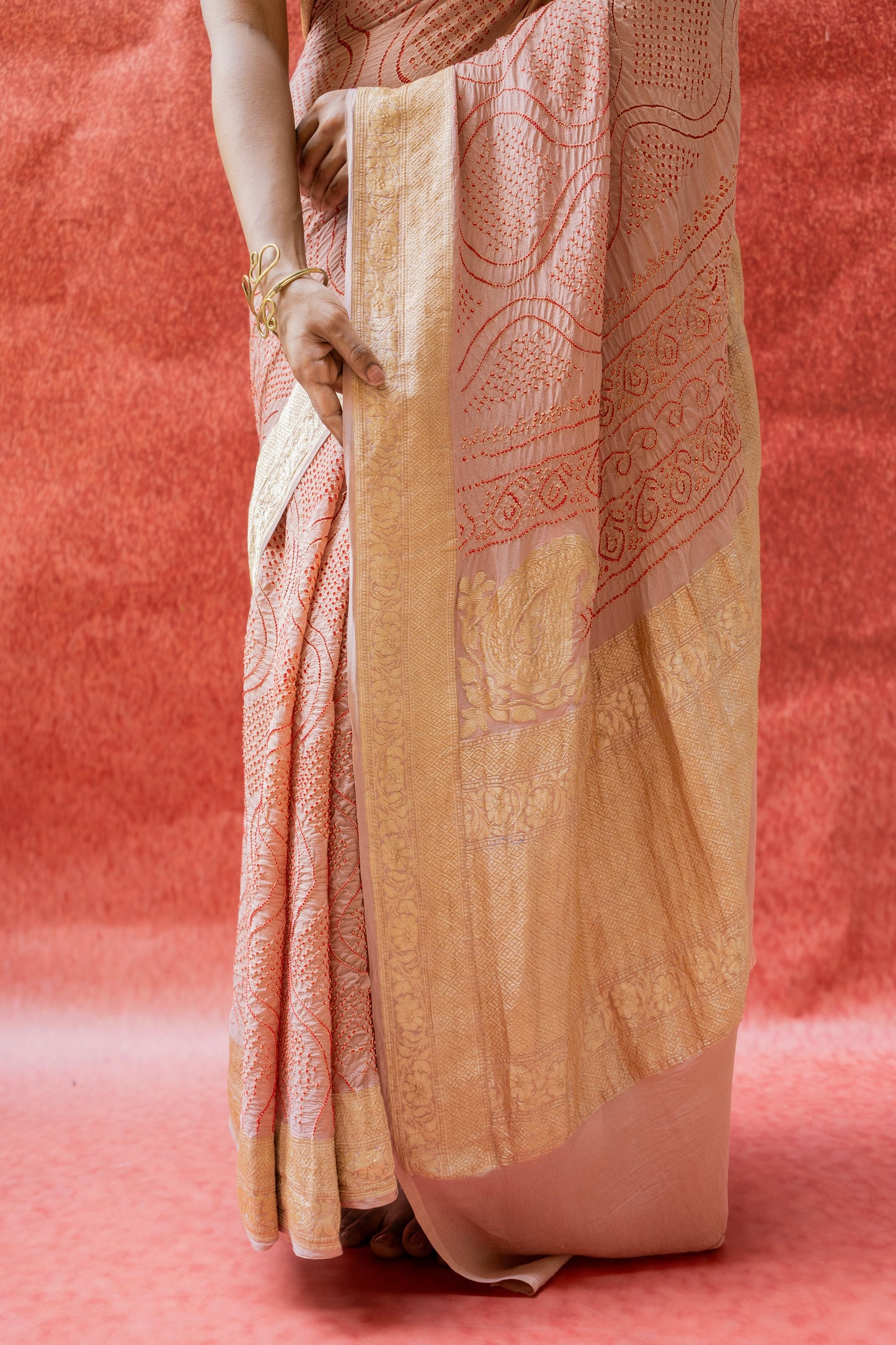 Georgette Red Rai Dana Onion Bandhej Saree